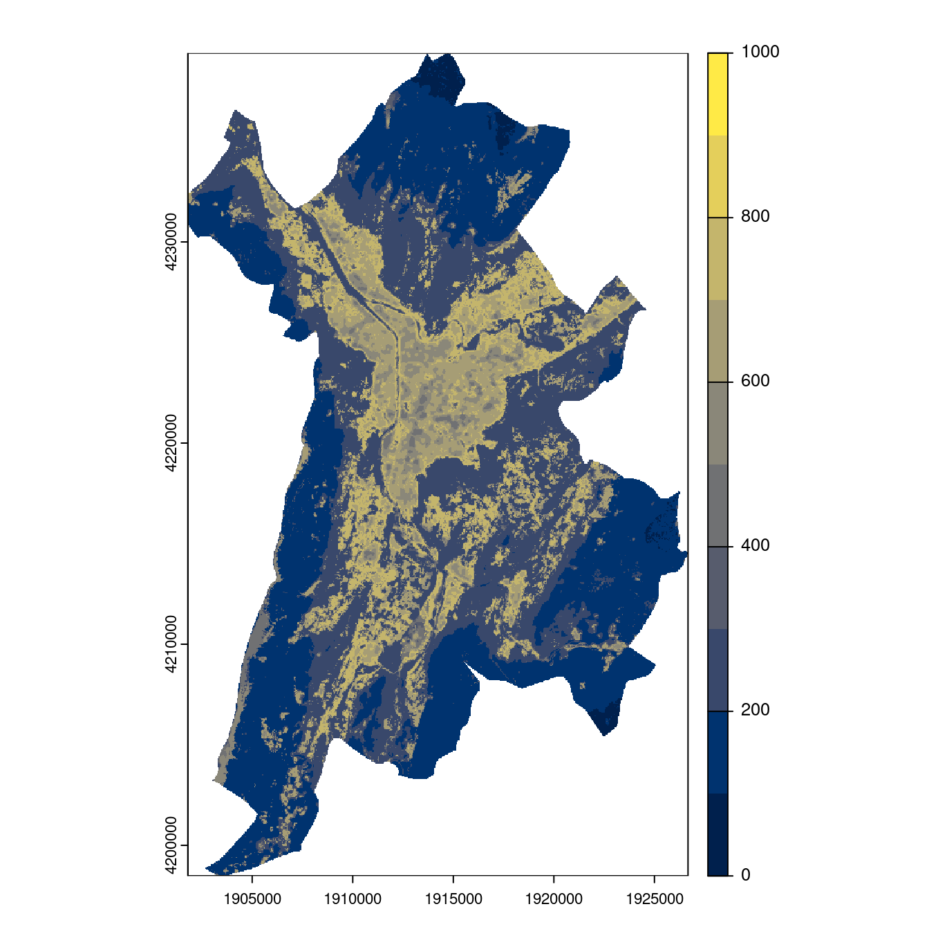 Projection des distributions potentielles contemporaine et futures jusqu'à l'horizon 2100 sous le scénario SSP5-8.5 (modèle d'ensemble, GCM IPSL).