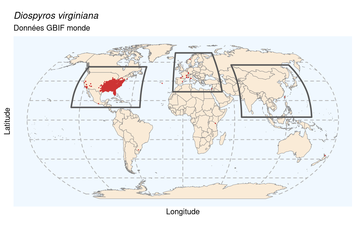 Occurrences de Diospyros virginiana dans le monde.