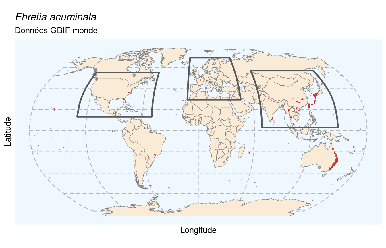 Occurrences de Ehretia acuminata dans le monde.