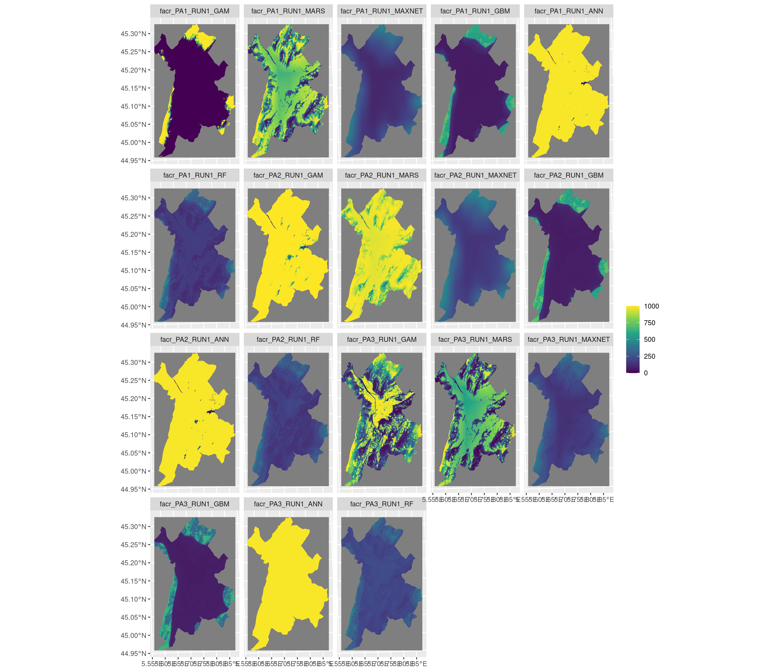 Projection de la distribution potentielle contemporaine sur la métropole de Grenoble, selon les 6 algorithmes et les 3 runs.