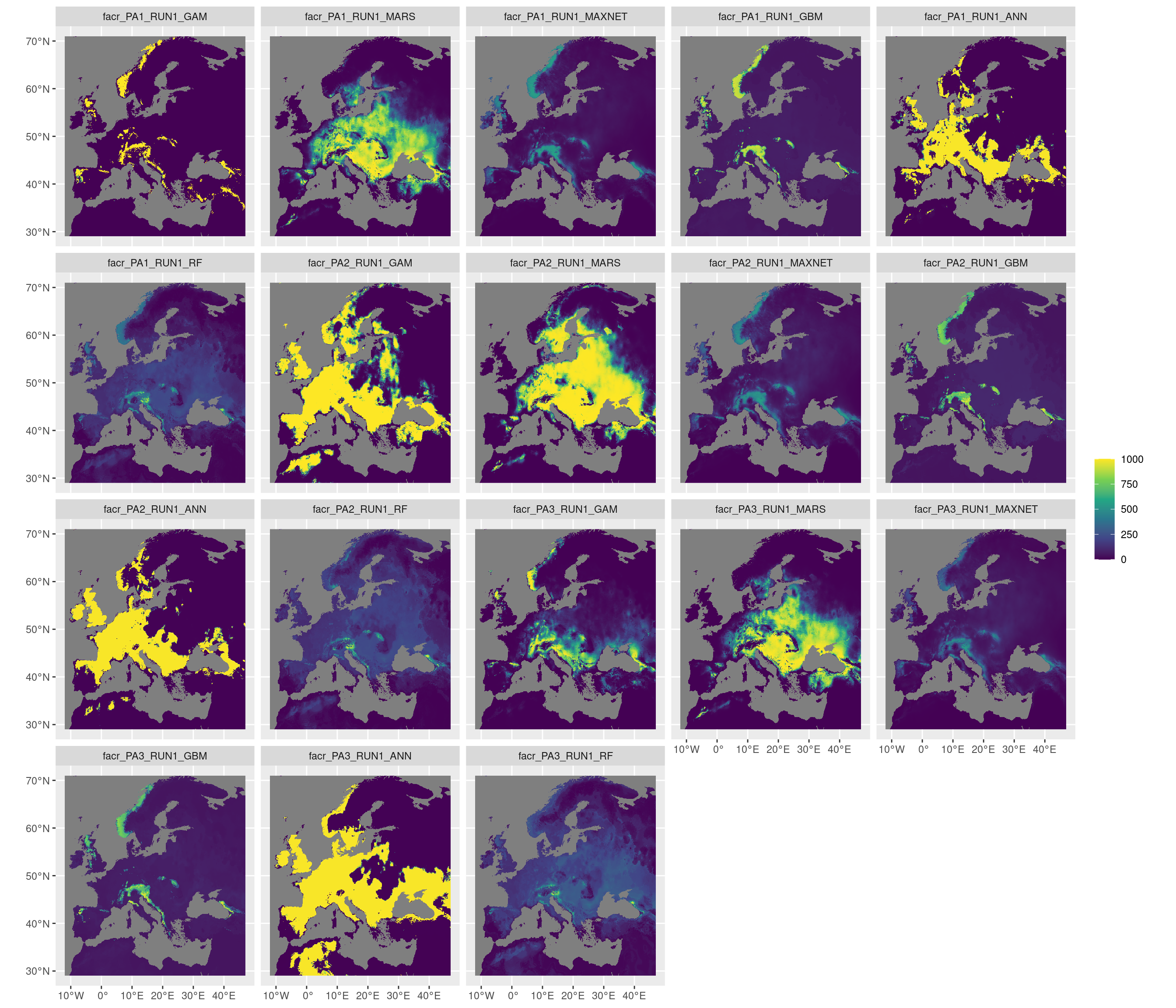 Projection de la distribution potentielle contemporaine sur l'Europe, selon les 6 algorithmes et les 3 runs.