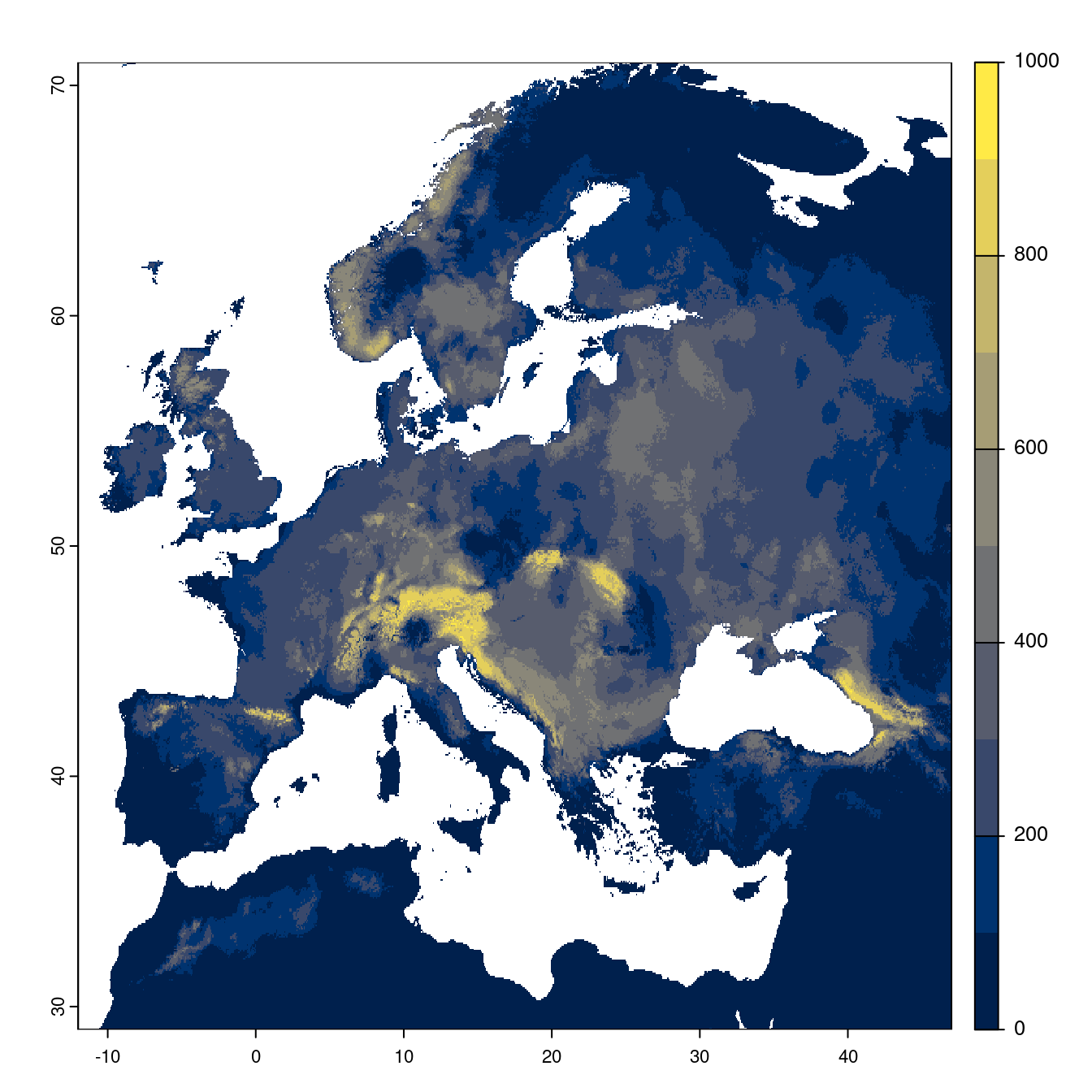 Projection des distributions potentielles futures jusqu'à l'horizon 2100 sous le scénario SSP1-2.6 (modèle d'ensemble).