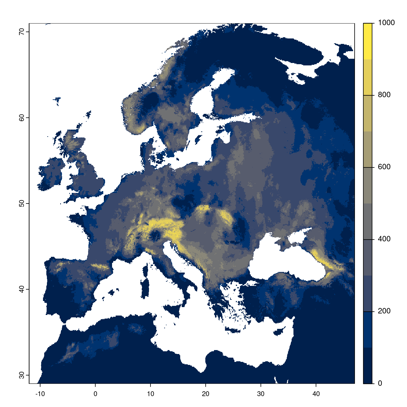 Projection des distributions potentielles futures jusqu'à l'horizon 2100 sous le scénario SSP2-4.5 (modèle d'ensemble).