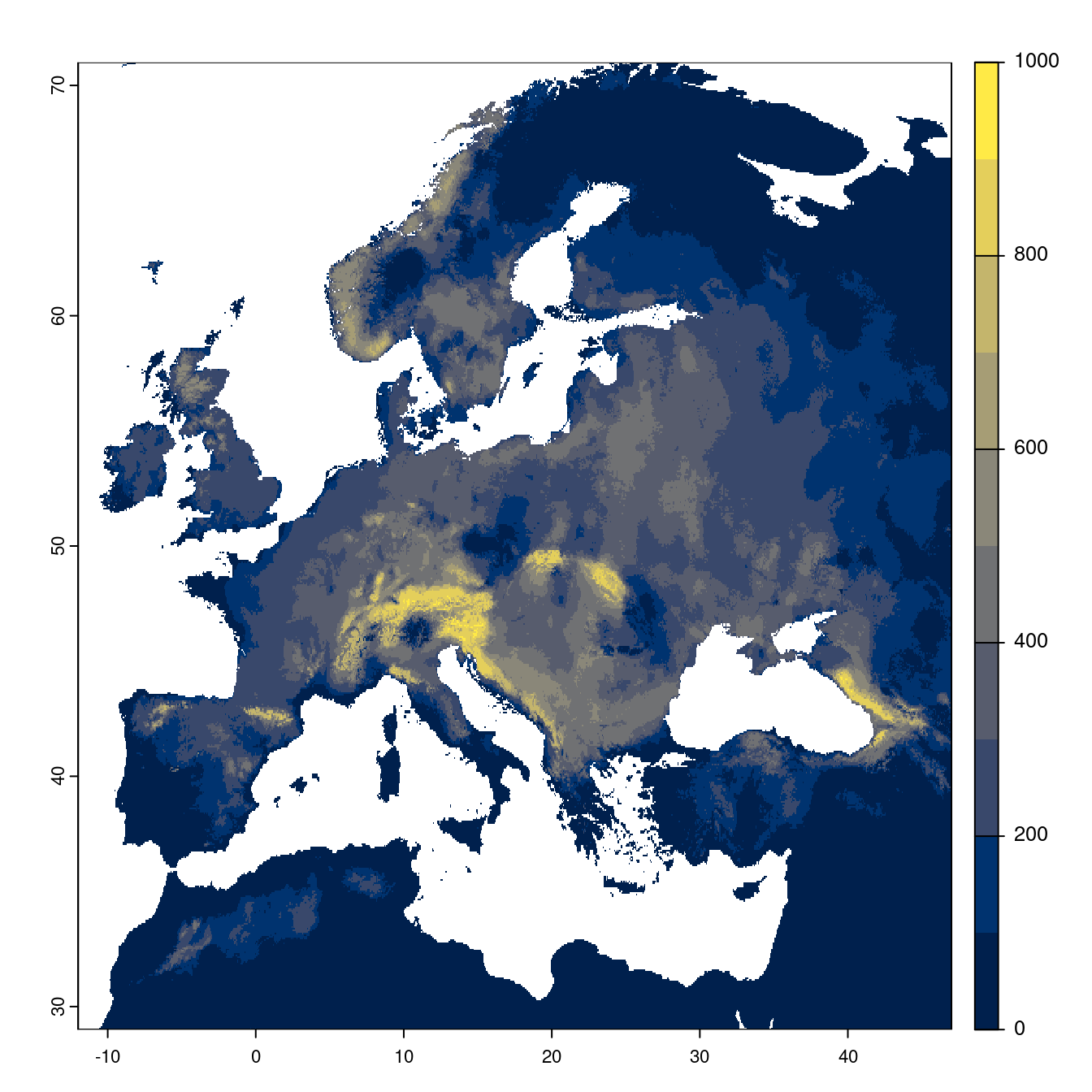 Projection des distributions potentielles futures jusqu'à l'horizon 2100 sous le scénario SSP3-7.0 (modèle d'ensemble).