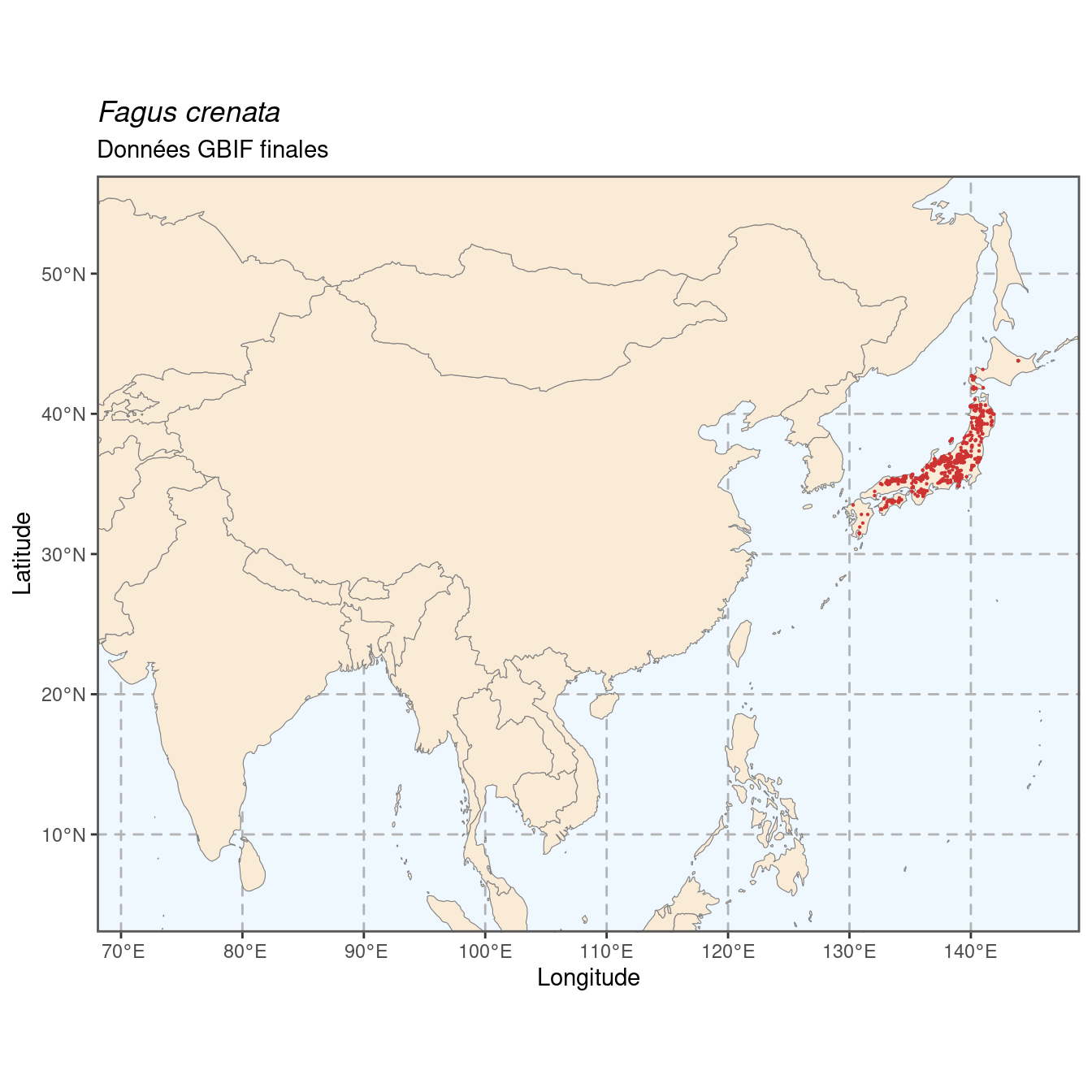 Occurrence de Fagus crenata dans la région d'endémisme après sous-échantillonnage éventuel.