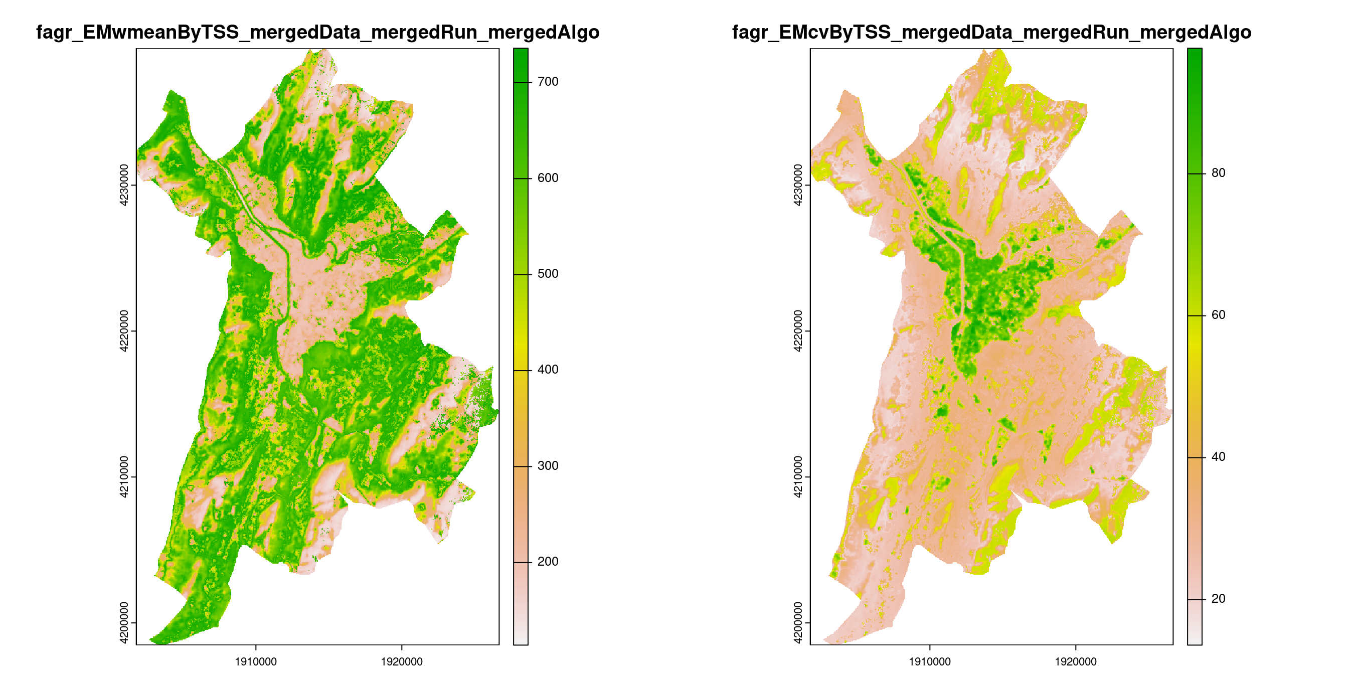 A) Projection de la distribution potentielle contemporaine (modèle d'ensemble) sur la métropole de Grenoble ; B) Incertitude associée à la projection.
