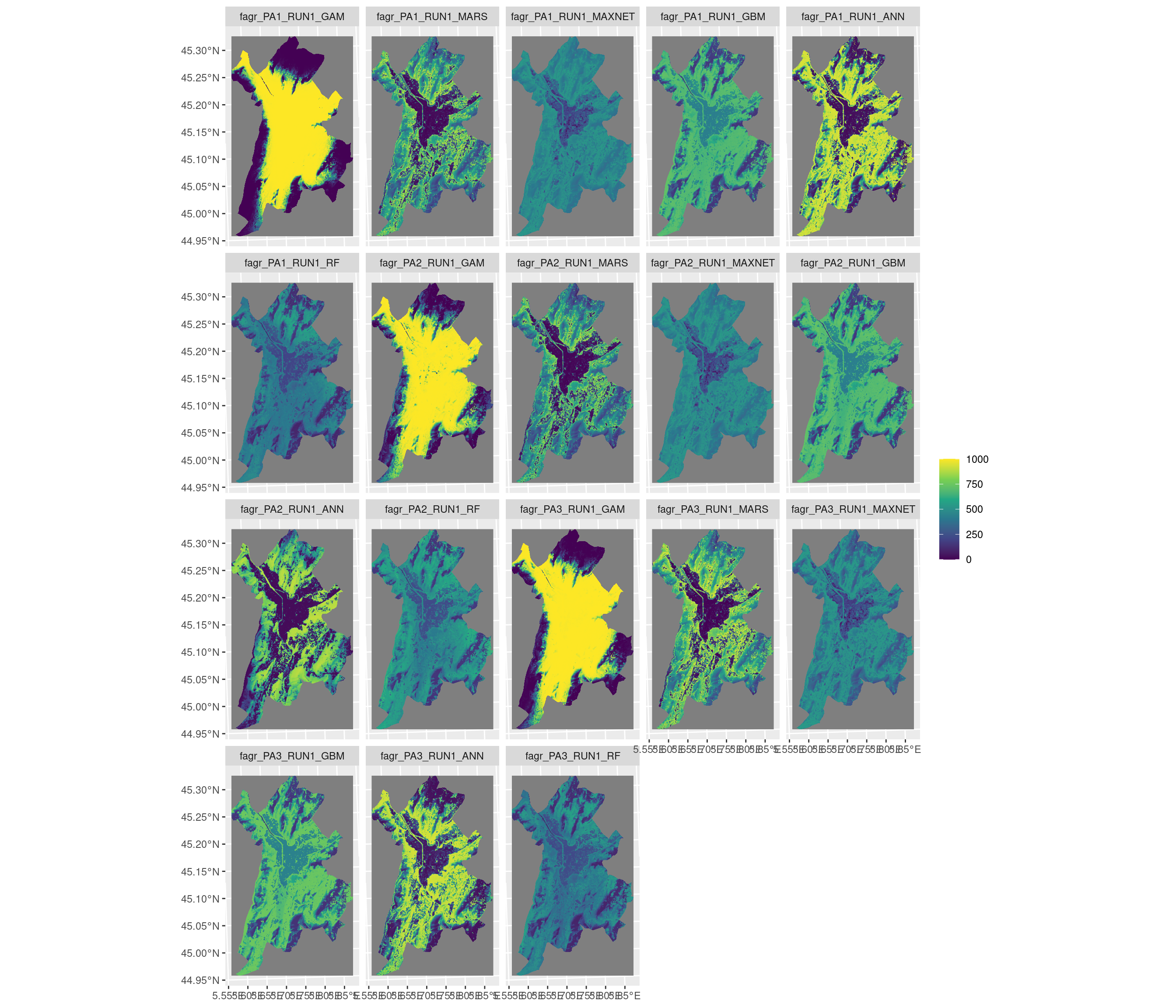 Projection de la distribution potentielle contemporaine sur la métropole de Grenoble, selon les 6 algorithmes et les 3 runs.