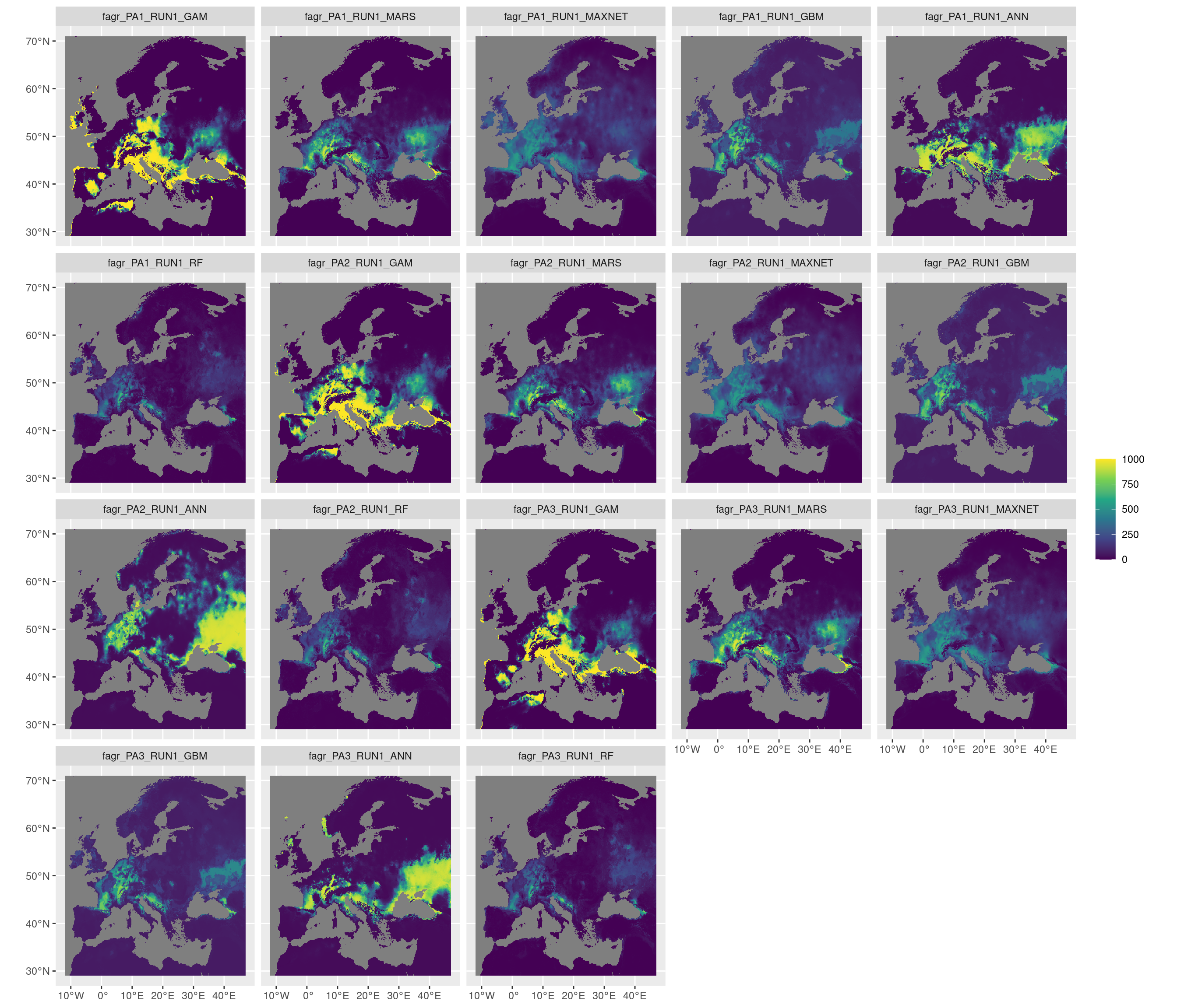 Projection de la distribution potentielle contemporaine sur l'Europe, selon les 6 algorithmes et les 3 runs.