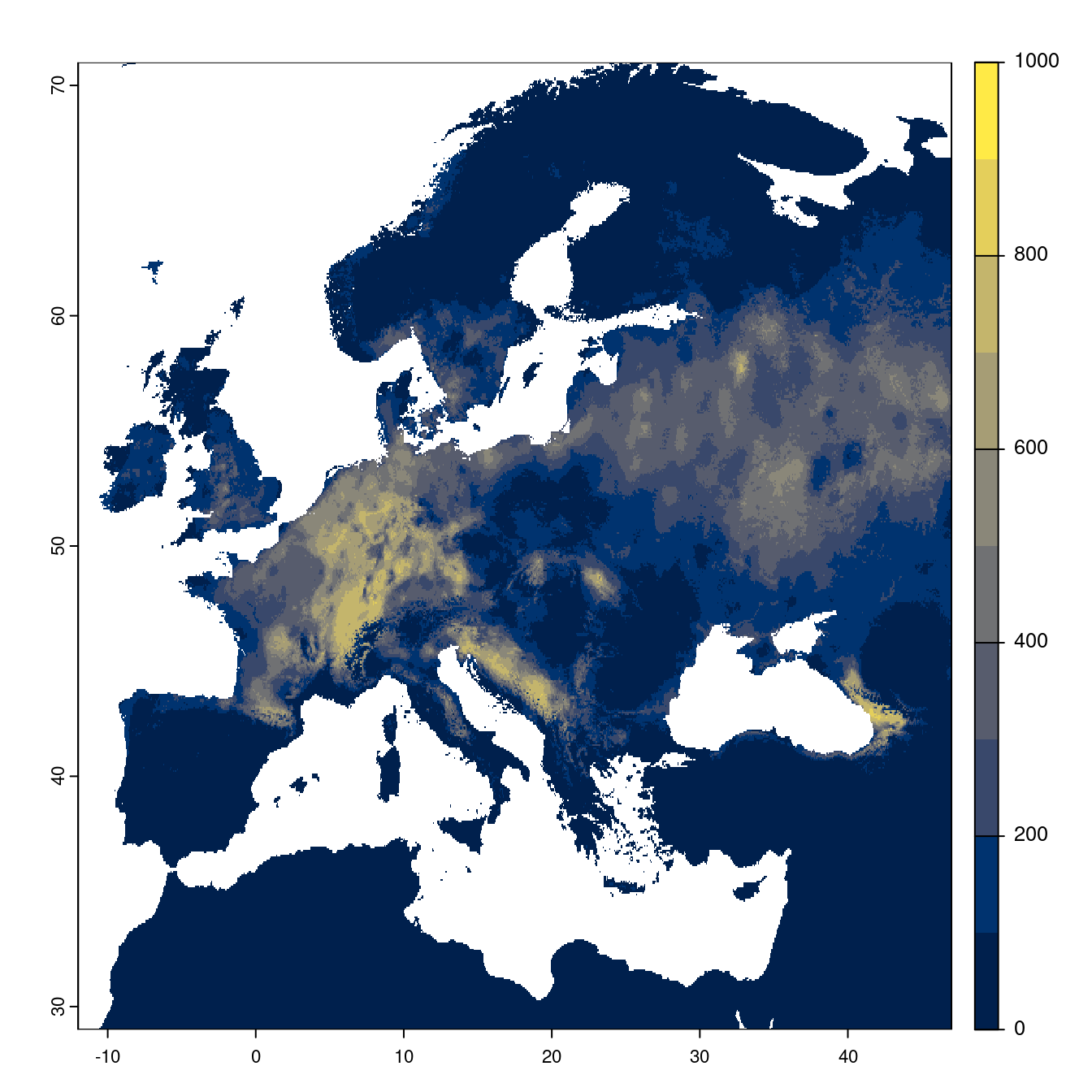 Projection des distributions potentielles futures jusqu'à l'horizon 2100 sous le scénario SSP1-2.6 (modèle d'ensemble).