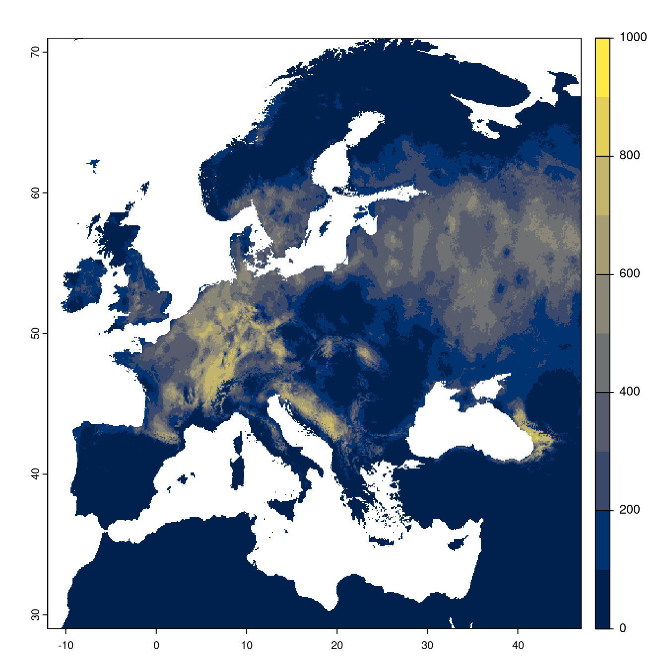 Projection des distributions potentielles futures jusqu'à l'horizon 2100 sous le scénario SSP3-7.0 (modèle d'ensemble).