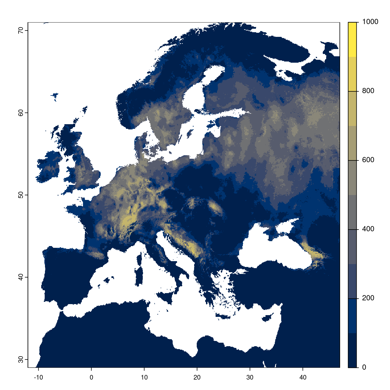 Projection des distributions potentielles futures jusqu'à l'horizon 2100 sous le scénario SSP3-7.0 (modèle d'ensemble).