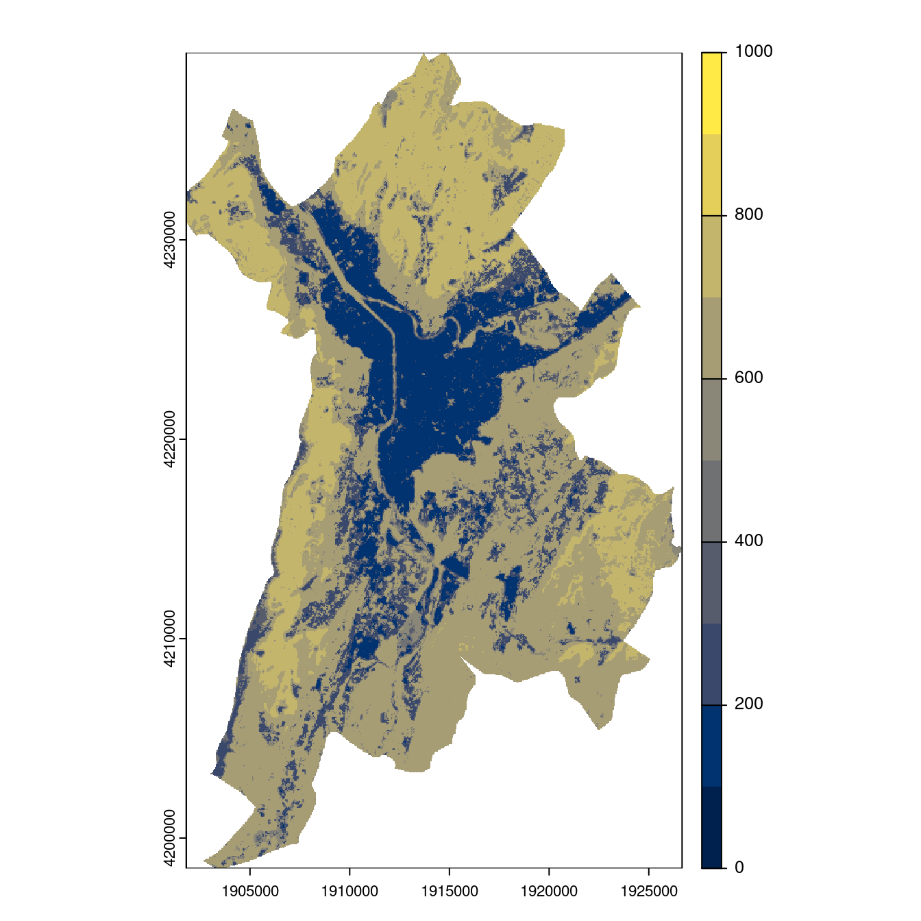 Projection des distributions potentielles contemporaine et futures jusqu'à l'horizon 2100 sous le scénario SSP5-8.5 (modèle d'ensemble, GCM IPSL).
