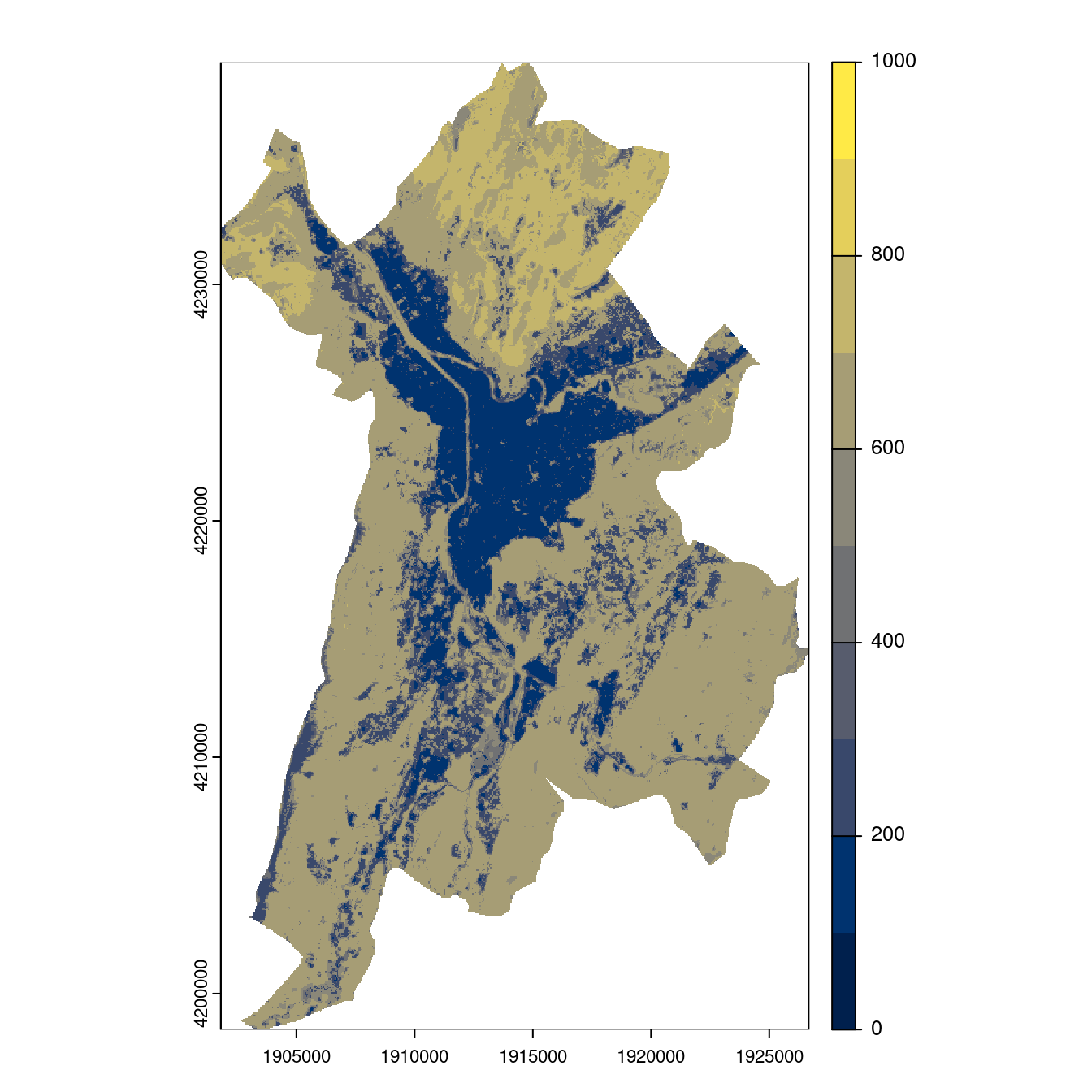 Projection des distributions potentielles contemporaine et futures jusqu'à l'horizon 2100 sous le scénario SSP5-8.5 (modèle d'ensemble, GCM IPSL).