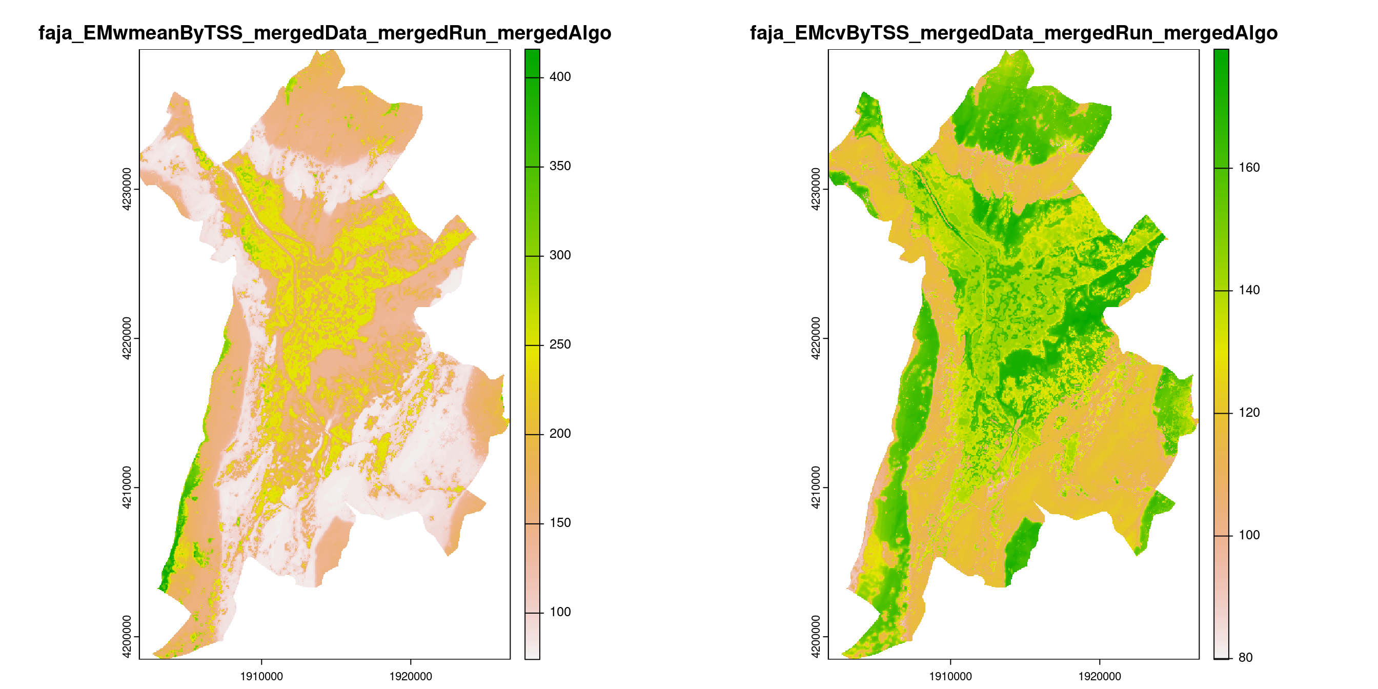 A) Projection de la distribution potentielle contemporaine (modèle d'ensemble) sur la métropole de Grenoble ; B) Incertitude associée à la projection.