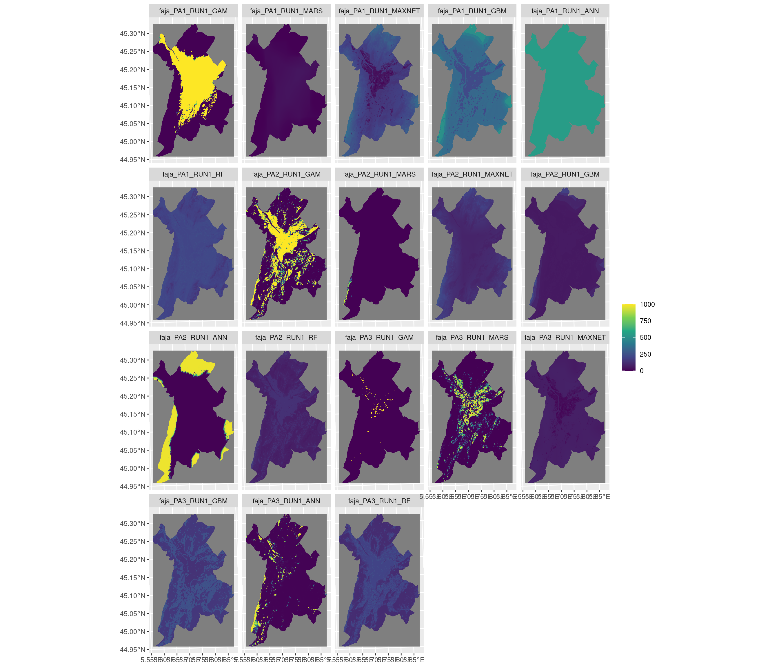 Projection de la distribution potentielle contemporaine sur la métropole de Grenoble, selon les 6 algorithmes et les 3 runs.