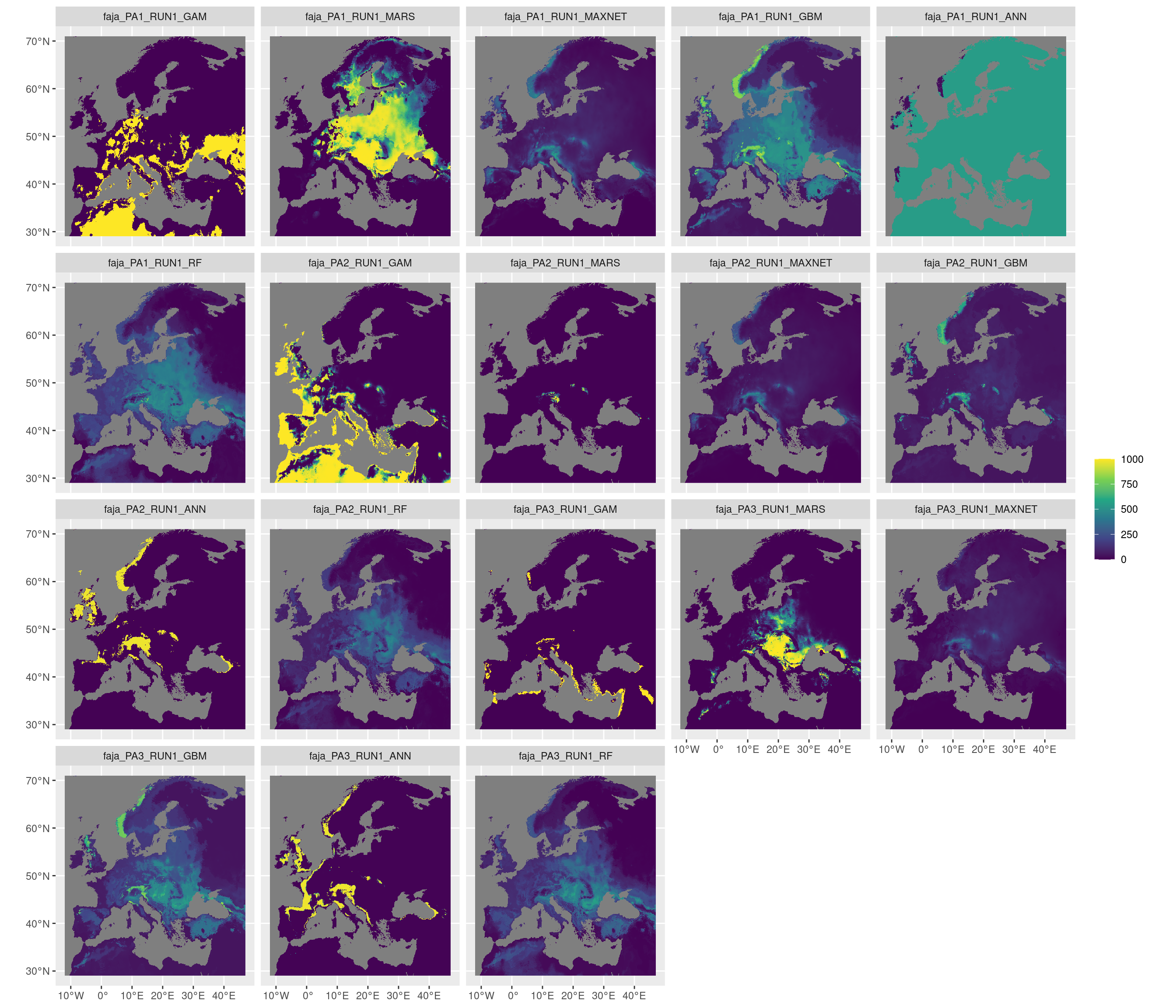 Projection de la distribution potentielle contemporaine sur l'Europe, selon les 6 algorithmes et les 3 runs.