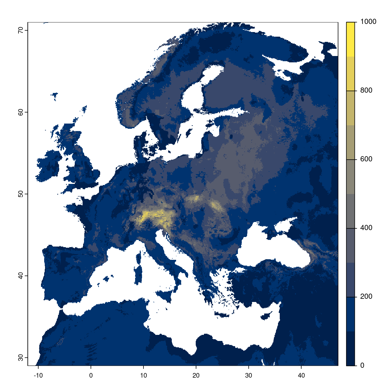 Projection des distributions potentielles futures jusqu'à l'horizon 2100 sous le scénario SSP3-7.0 (modèle d'ensemble).