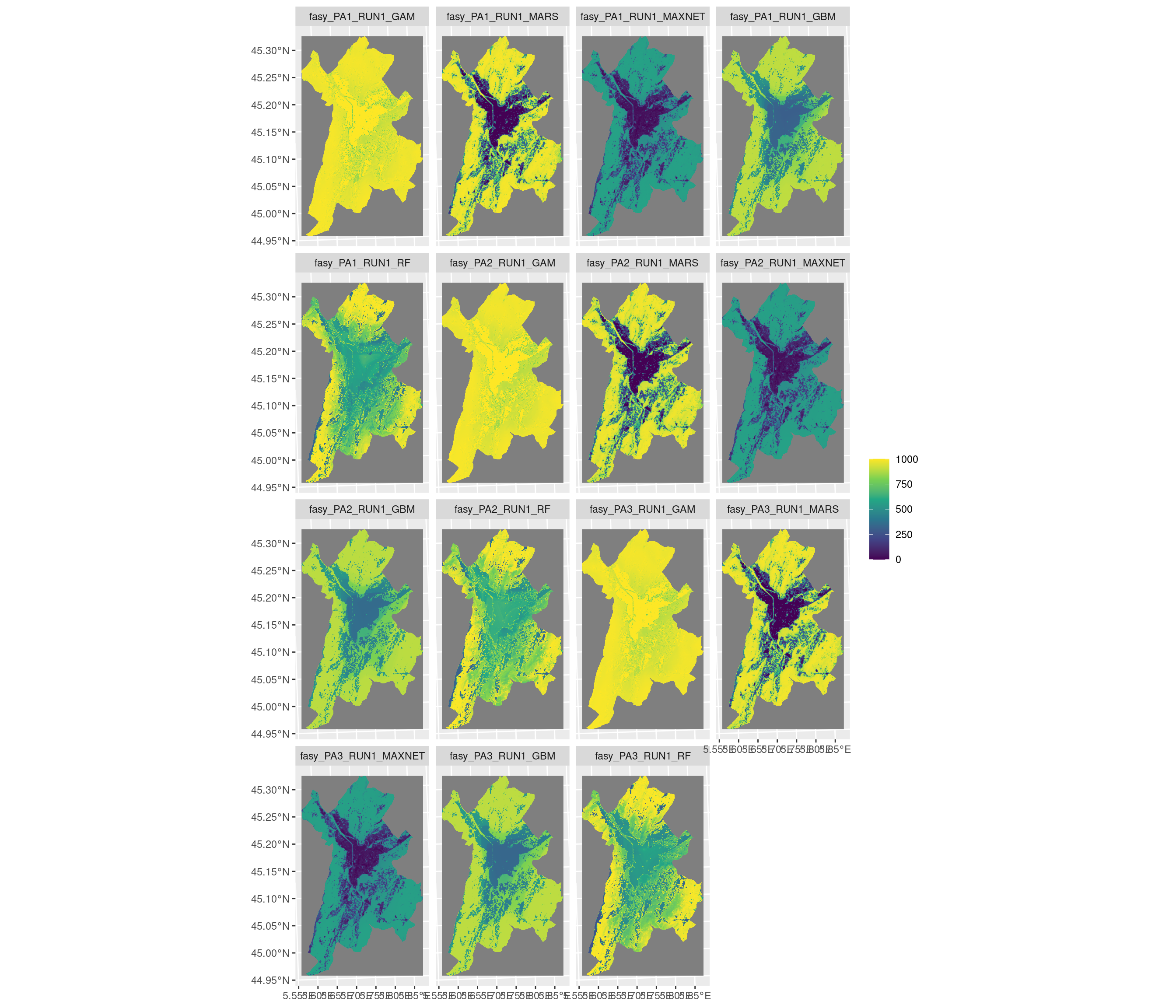 Projection de la distribution potentielle contemporaine sur la métropole de Grenoble, selon les 6 algorithmes et les 3 runs.