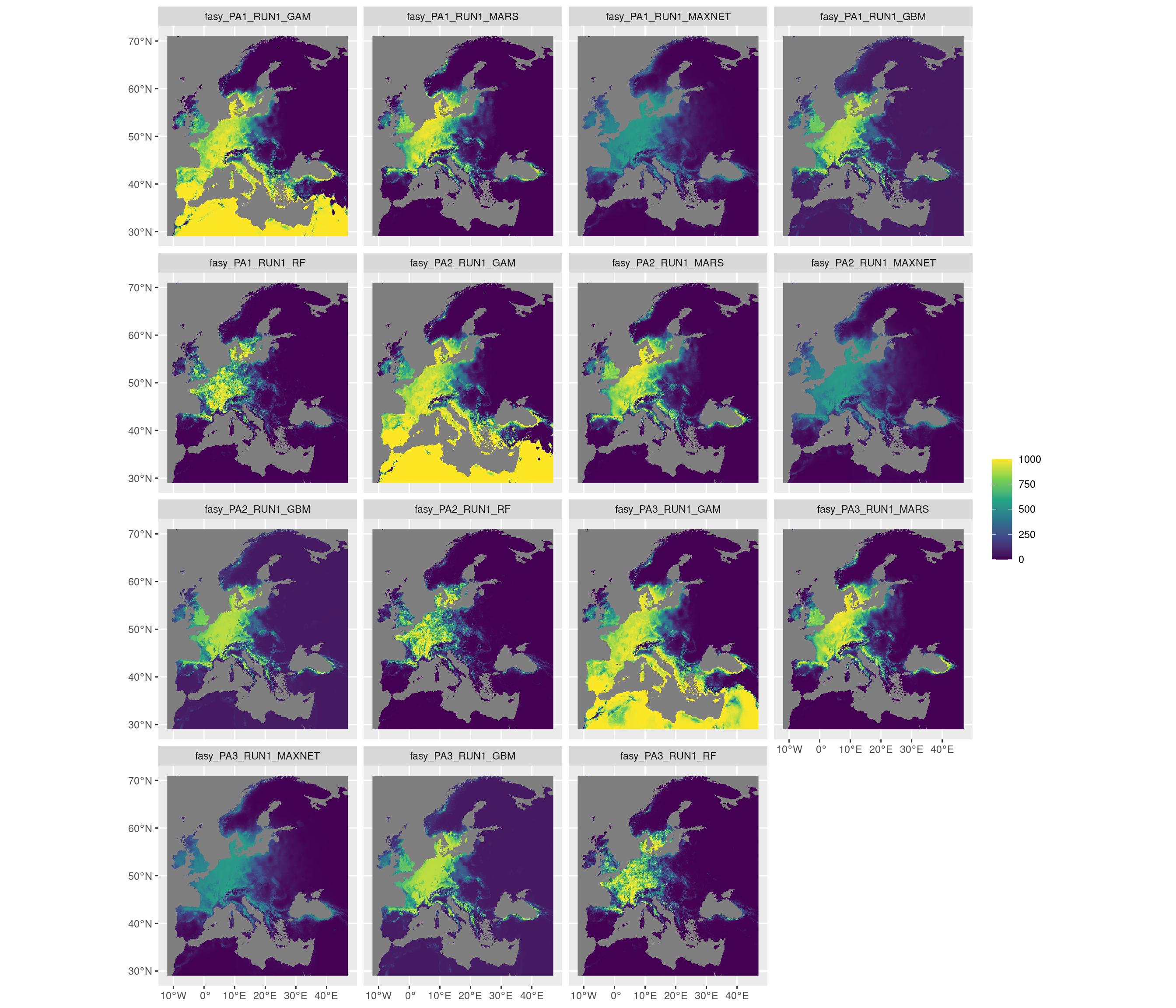 Projection de la distribution potentielle contemporaine sur l'Europe, selon les 6 algorithmes et les 3 runs.