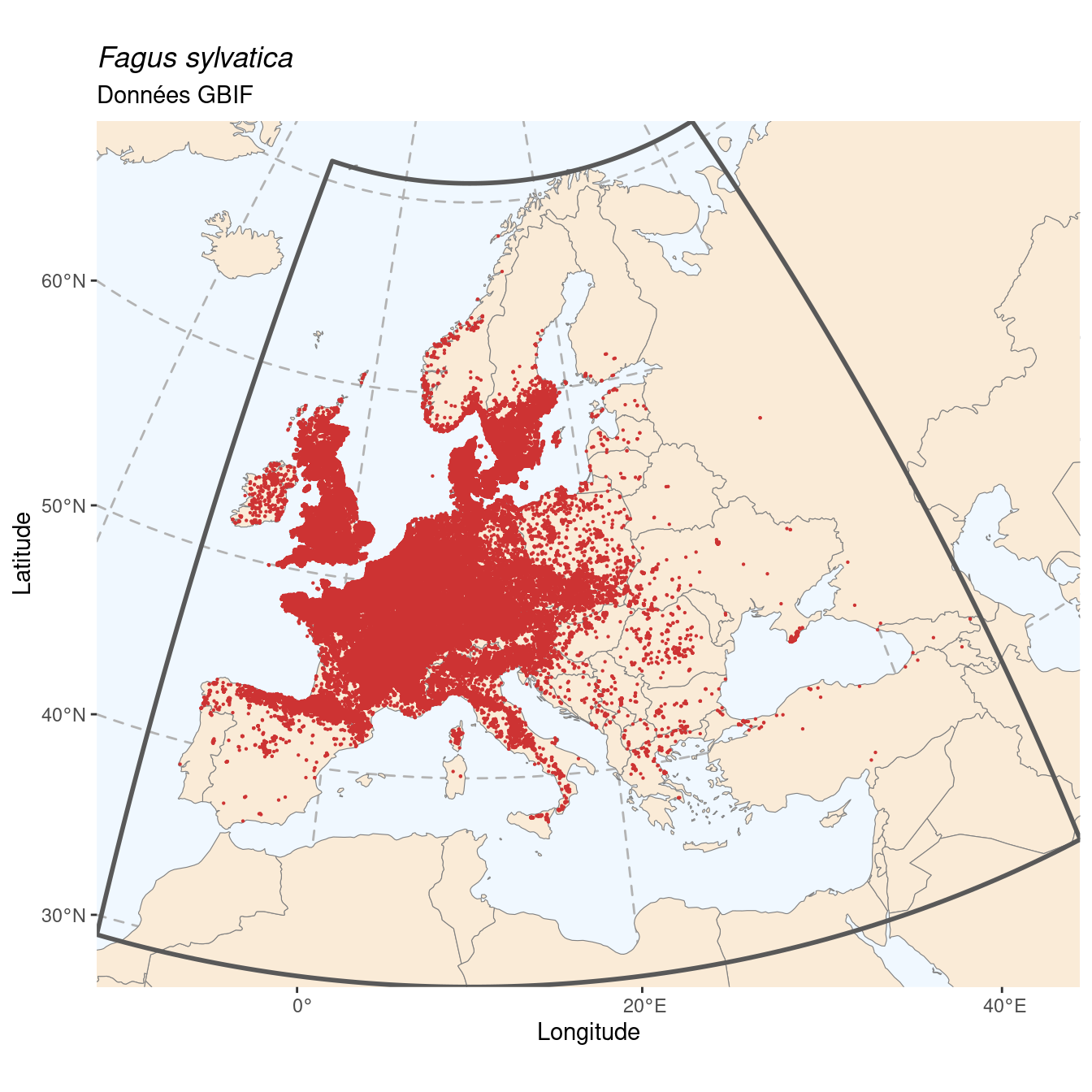 Occurrence de Fagus sylvatica dans la région d'endémisme.