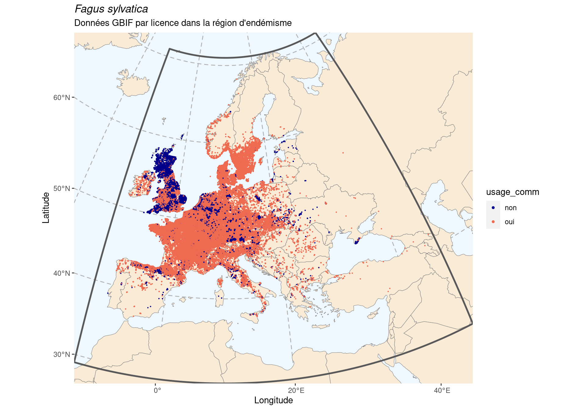 Occurrence de Fagus sylvatica dans la région d'endémisme, selon la licence : CC BY-NC en bleu ; CC0 et CC BY en orange.