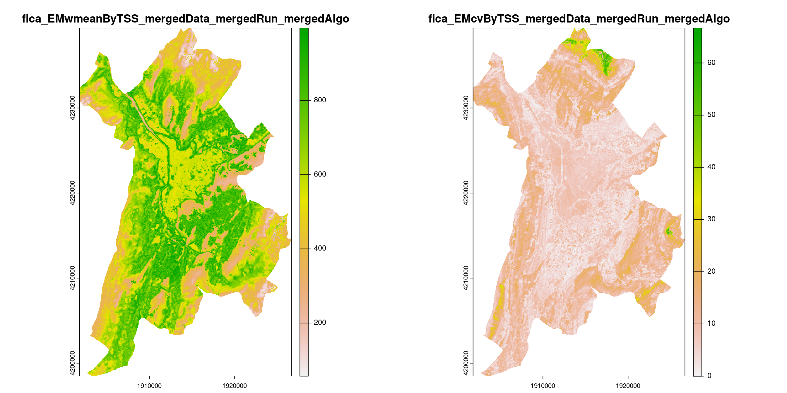 A) Projection de la distribution potentielle contemporaine (modèle d'ensemble) sur la métropole de Grenoble ; B) Incertitude associée à la projection.