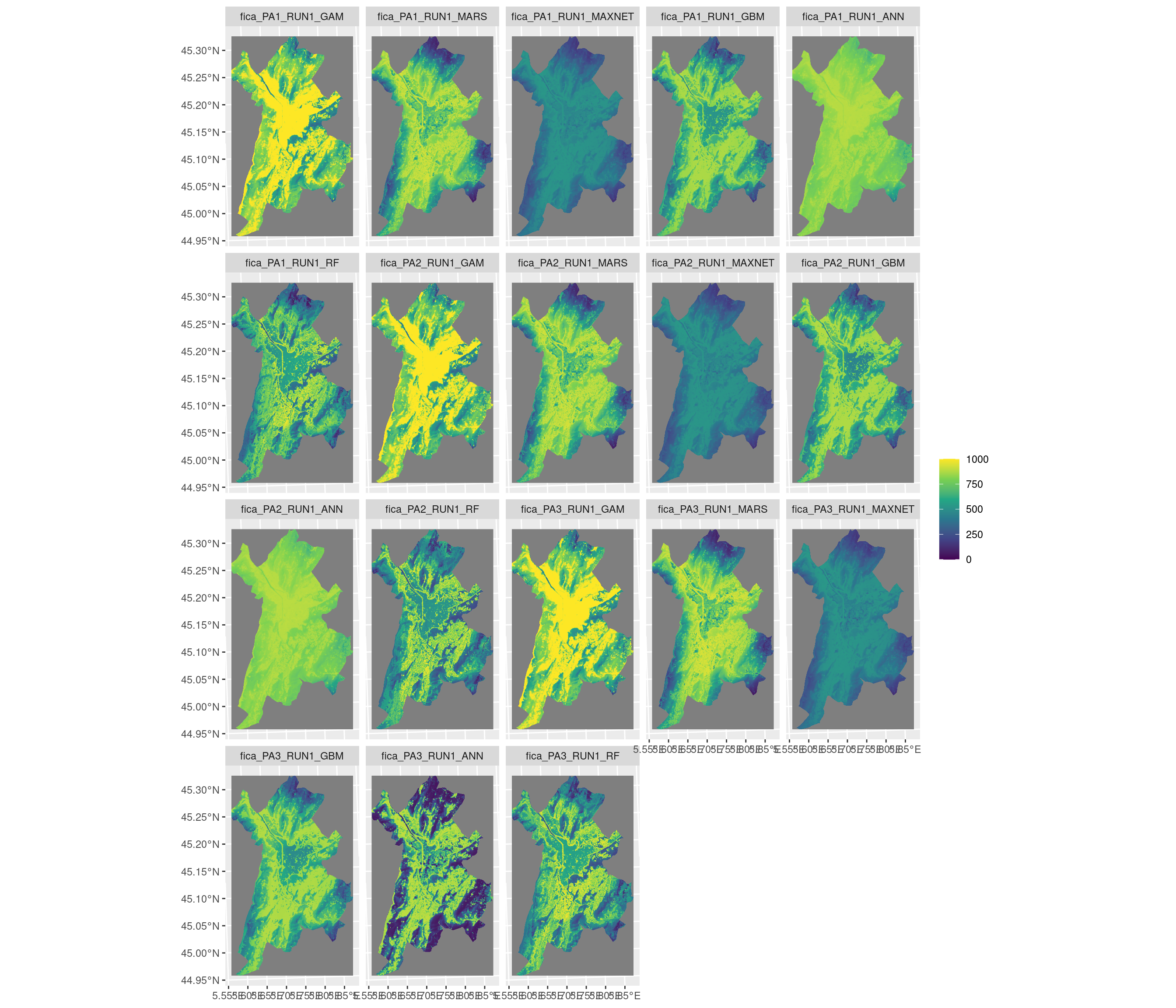 Projection de la distribution potentielle contemporaine sur la métropole de Grenoble, selon les 6 algorithmes et les 3 runs.