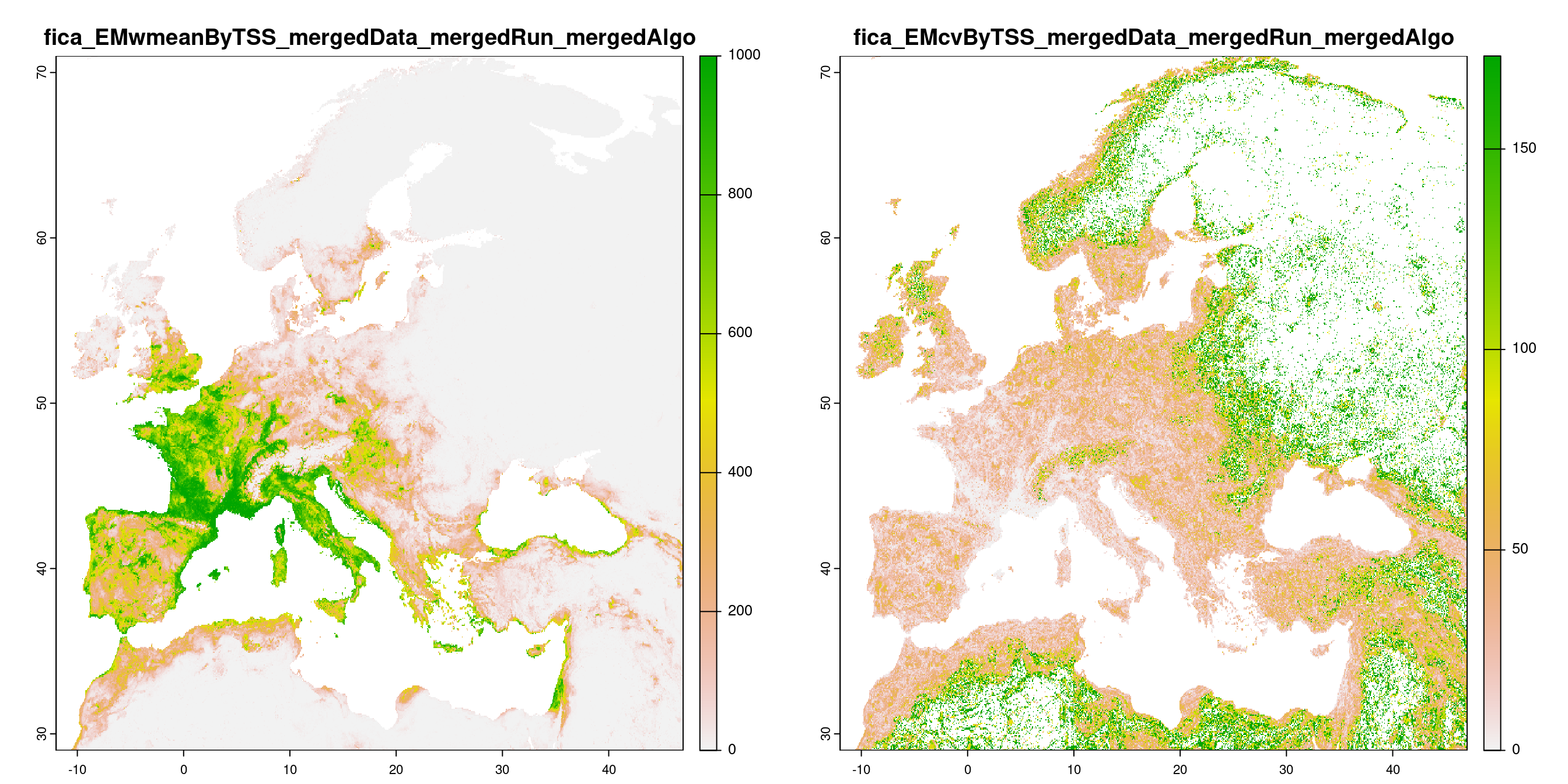 A) Projection de la distribution potentielle contemporaine (modèle d'ensemble) ; B) Incertitude associée à la projection.