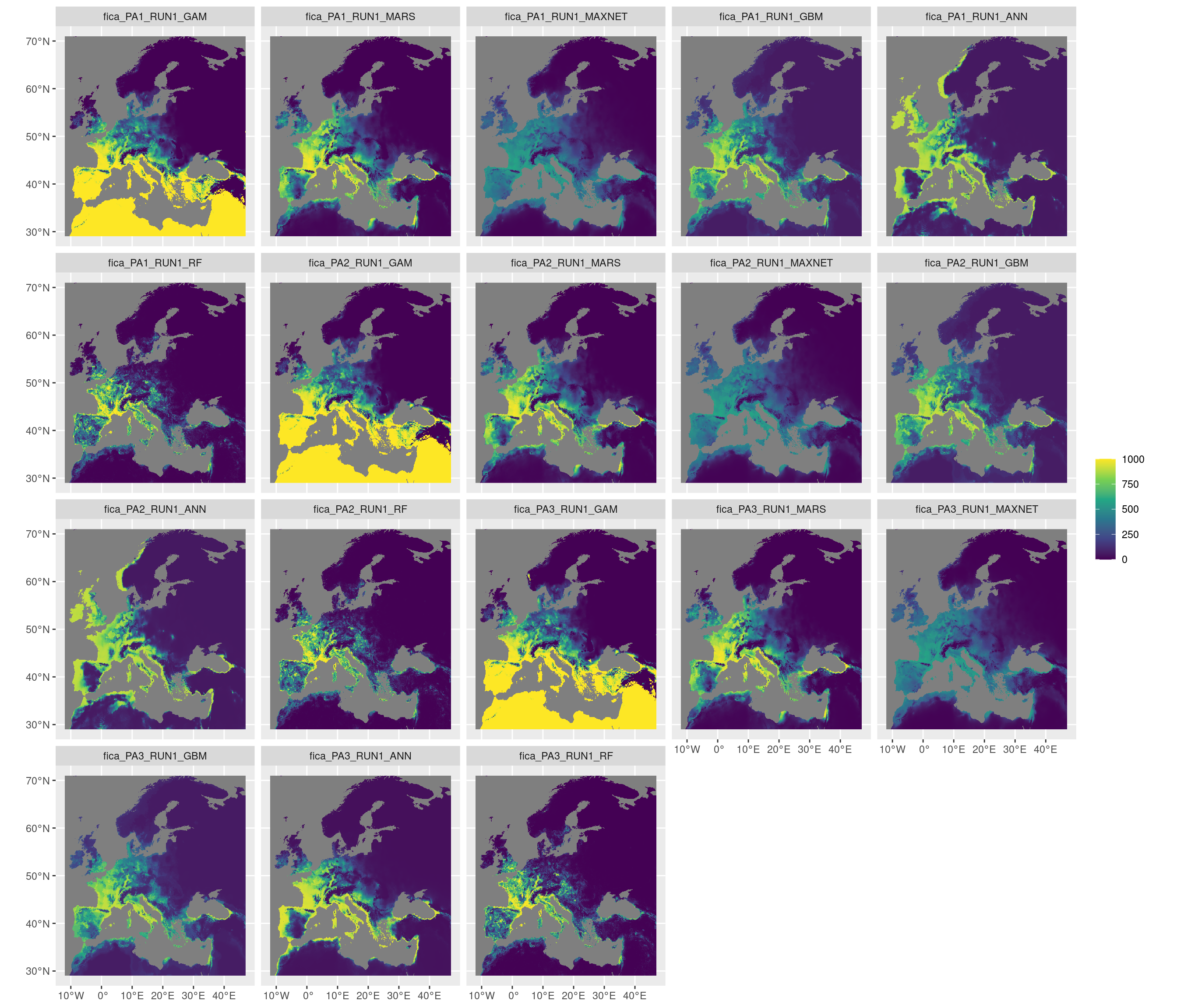 Projection de la distribution potentielle contemporaine sur l'Europe, selon les 6 algorithmes et les 3 runs.