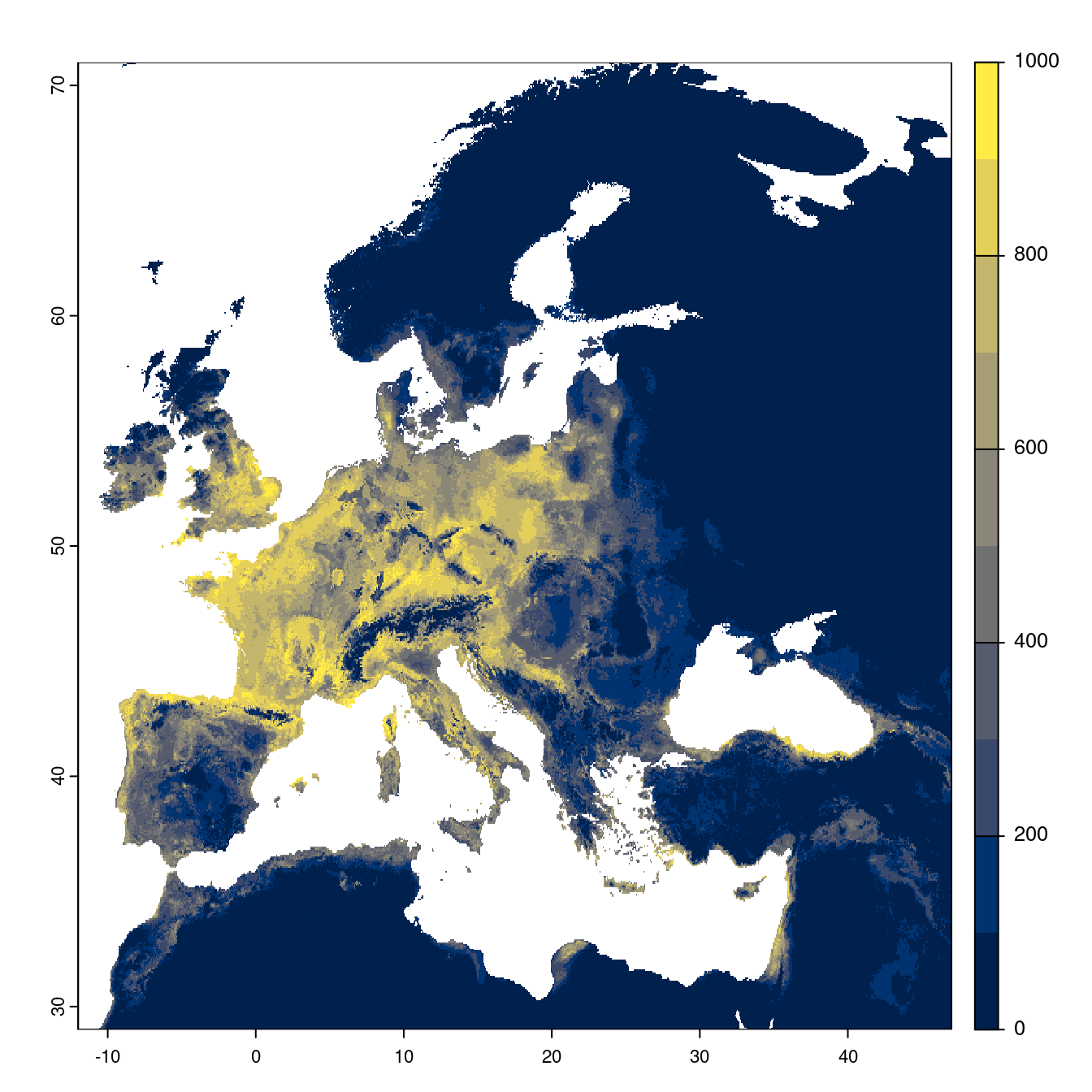 Projection des distributions potentielles futures jusqu'à l'horizon 2100 sous le scénario SSP1-2.6 (modèle d'ensemble).