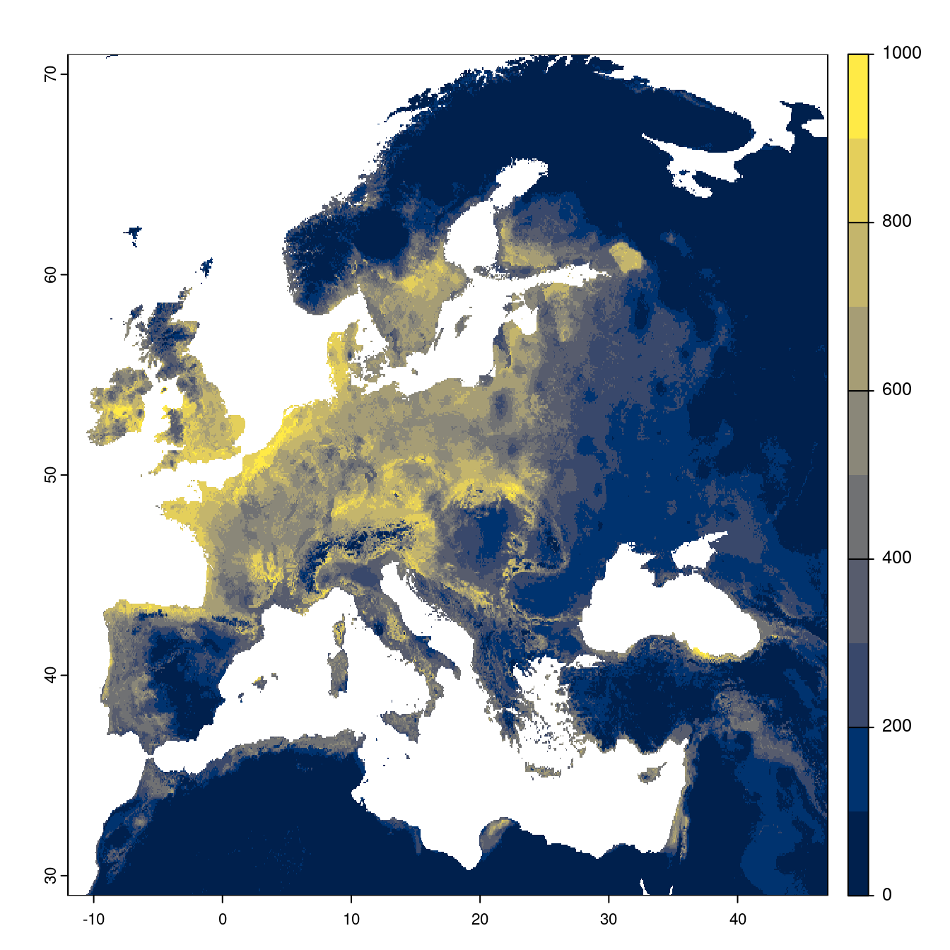 Projection des distributions potentielles futures jusqu'à l'horizon 2100 sous le scénario SSP2-4.5 (modèle d'ensemble).