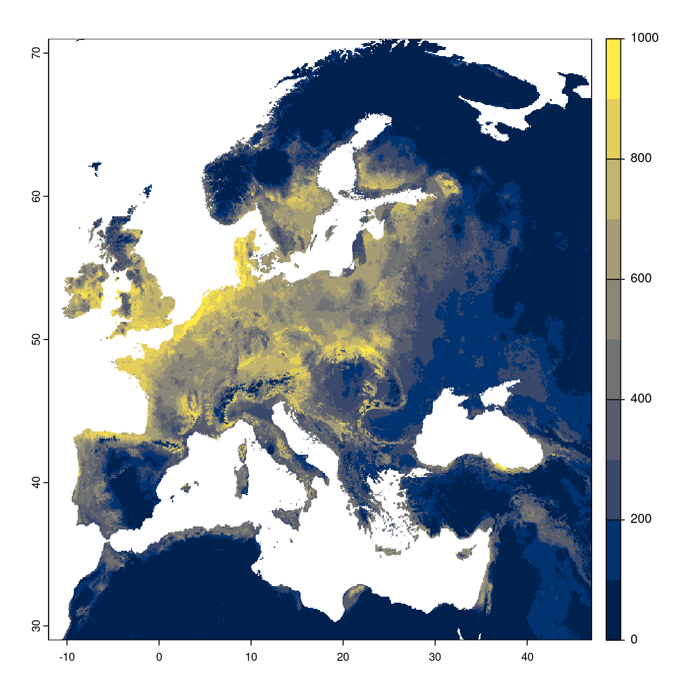Projection des distributions potentielles futures jusqu'à l'horizon 2100 sous le scénario SSP3-7.0 (modèle d'ensemble).