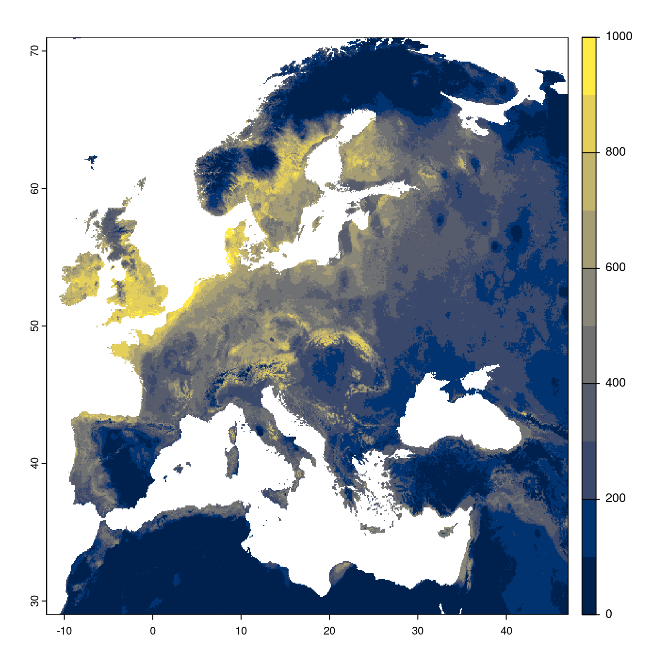 Projection des distributions potentielles futures jusqu'à l'horizon 2100 sous le scénario SSP3-7.0 (modèle d'ensemble).