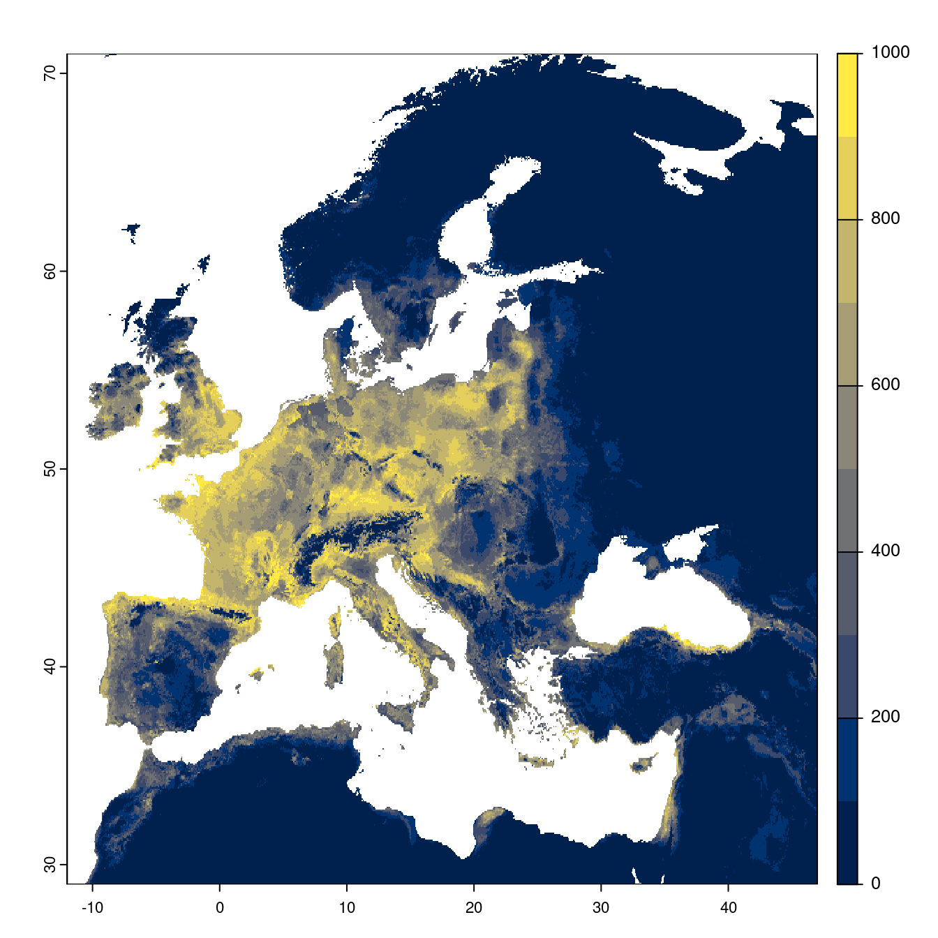Projection des distributions potentielles futures jusqu'à l'horizon 2100 sous le scénario SSP5-8.5 (modèle d'ensemble).