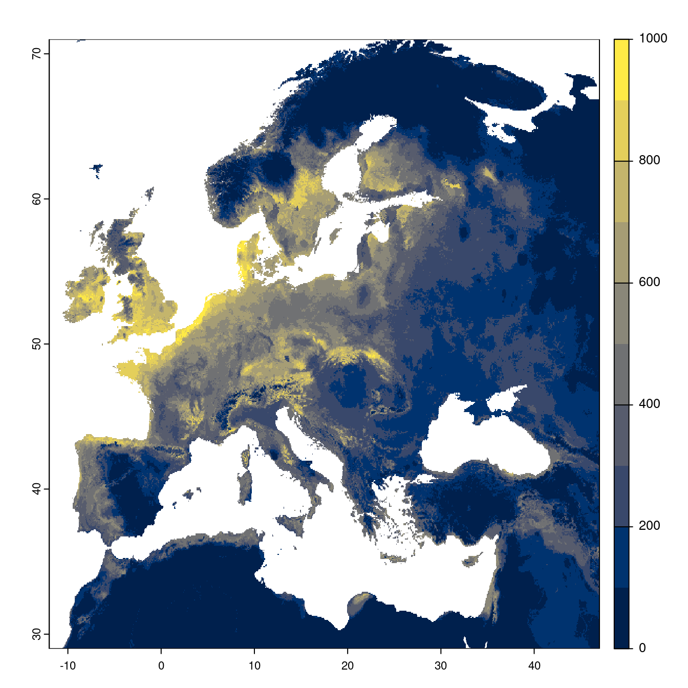 Projection des distributions potentielles futures jusqu'à l'horizon 2100 sous le scénario SSP5-8.5 (modèle d'ensemble).