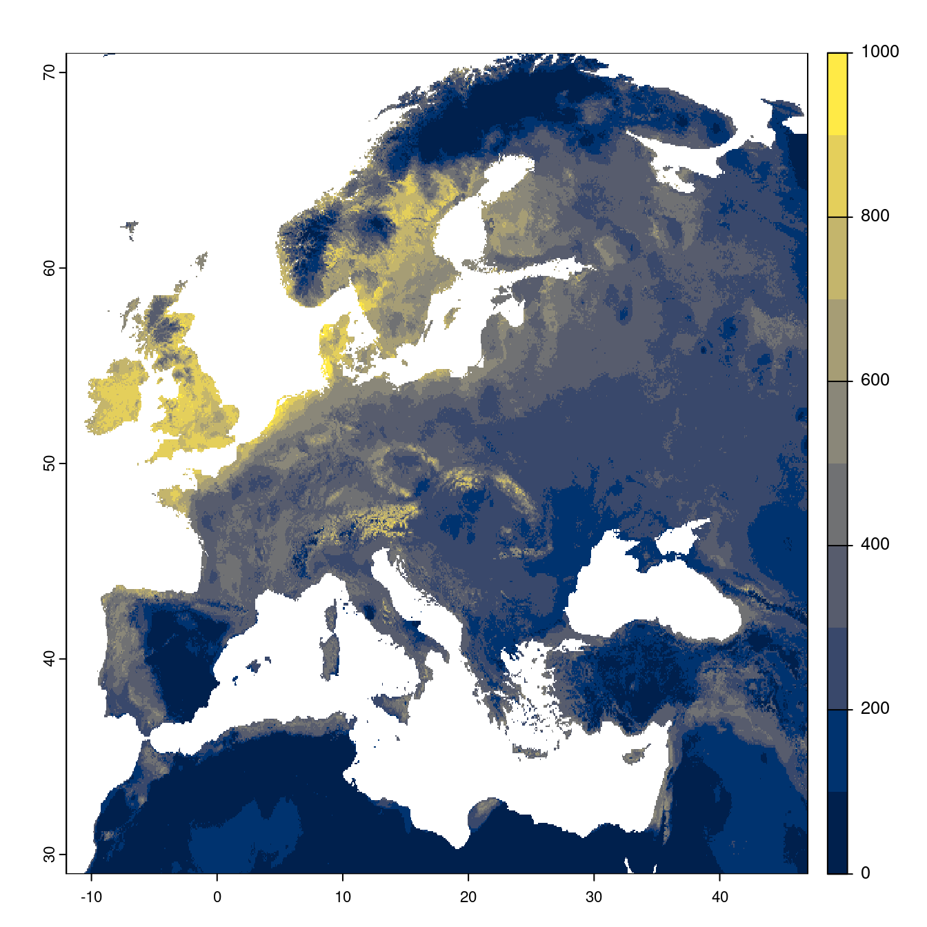 Projection des distributions potentielles futures jusqu'à l'horizon 2100 sous le scénario SSP5-8.5 (modèle d'ensemble).