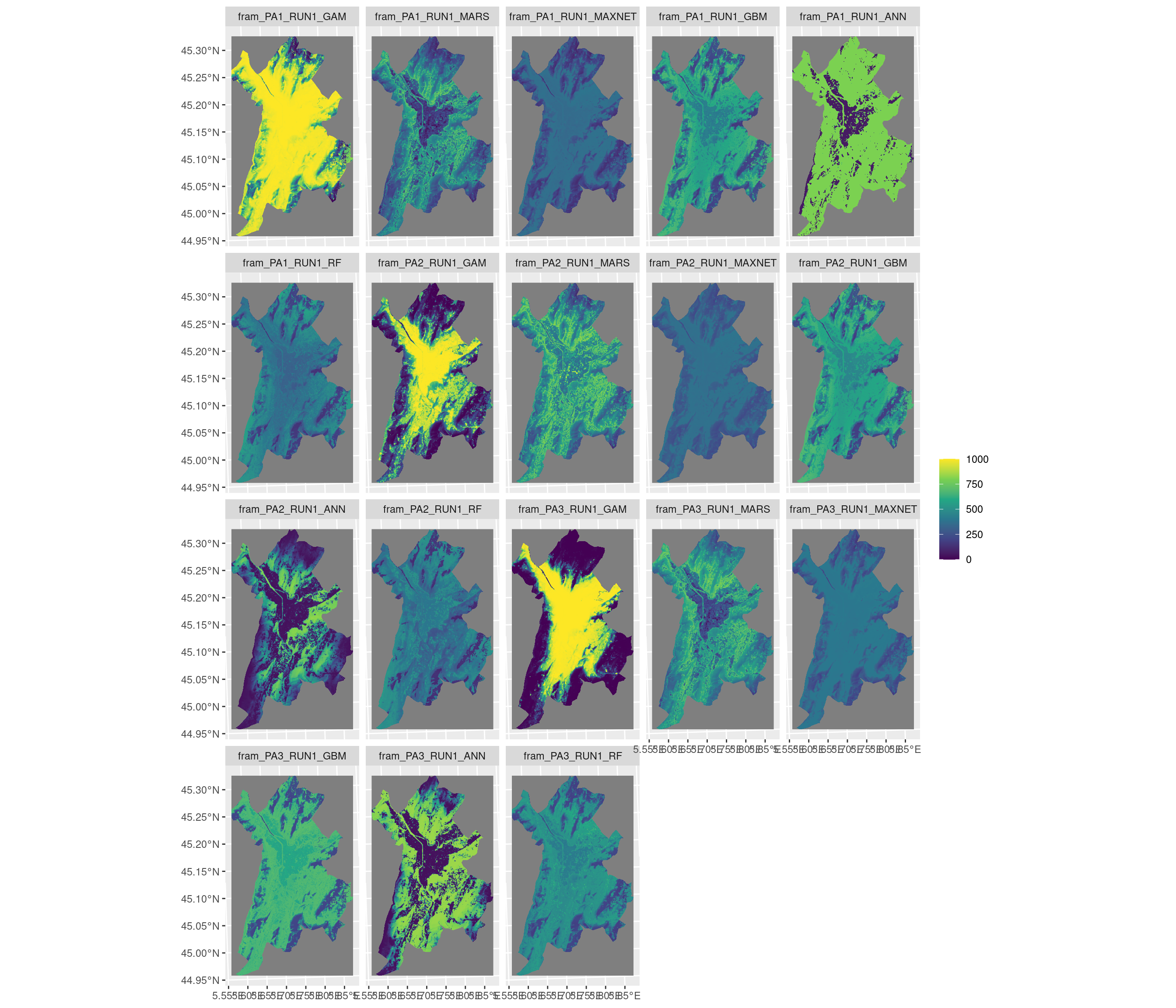 Projection de la distribution potentielle contemporaine sur la métropole de Grenoble, selon les 6 algorithmes et les 3 runs.