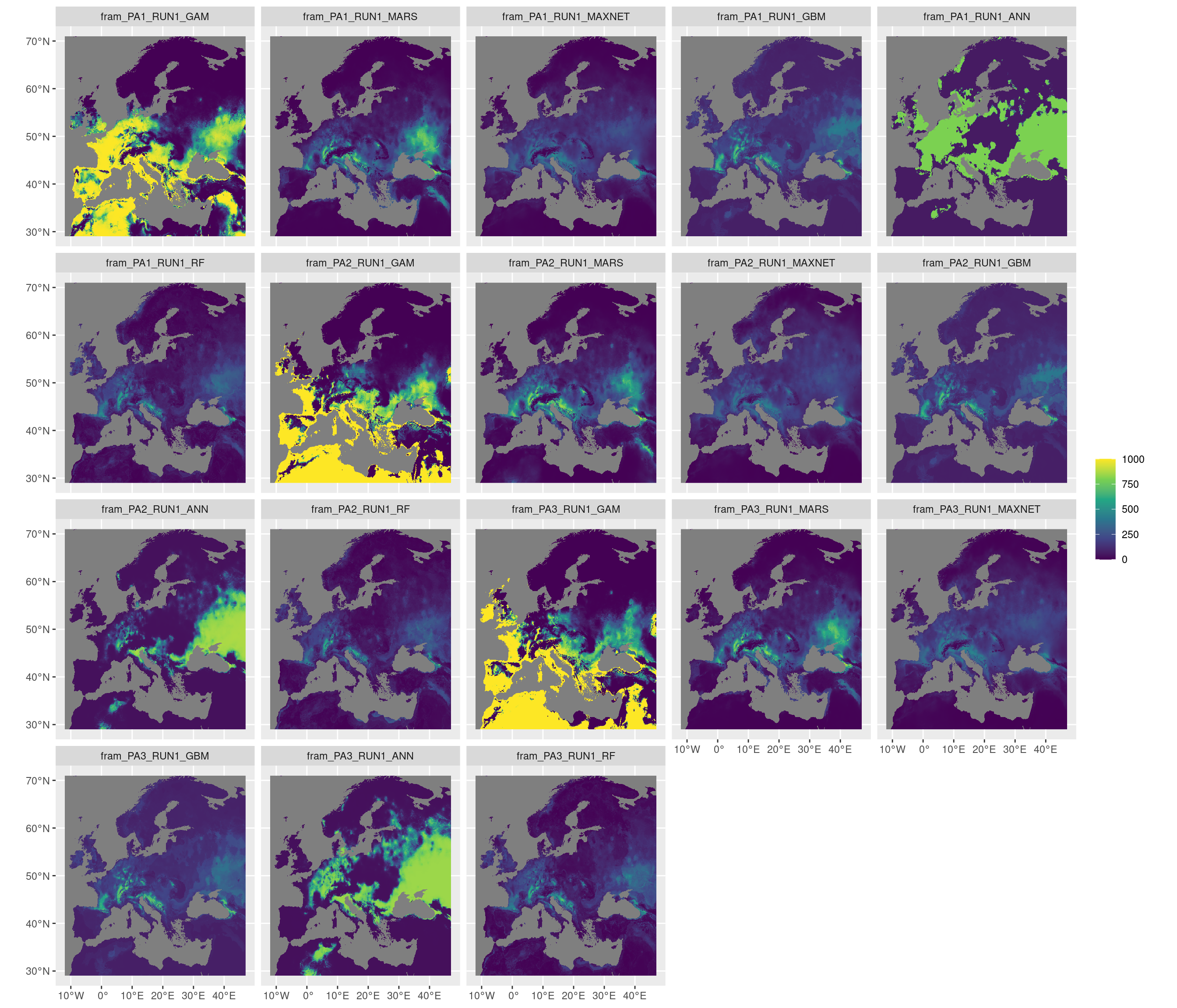 Projection de la distribution potentielle contemporaine sur l'Europe, selon les 6 algorithmes et les 3 runs.
