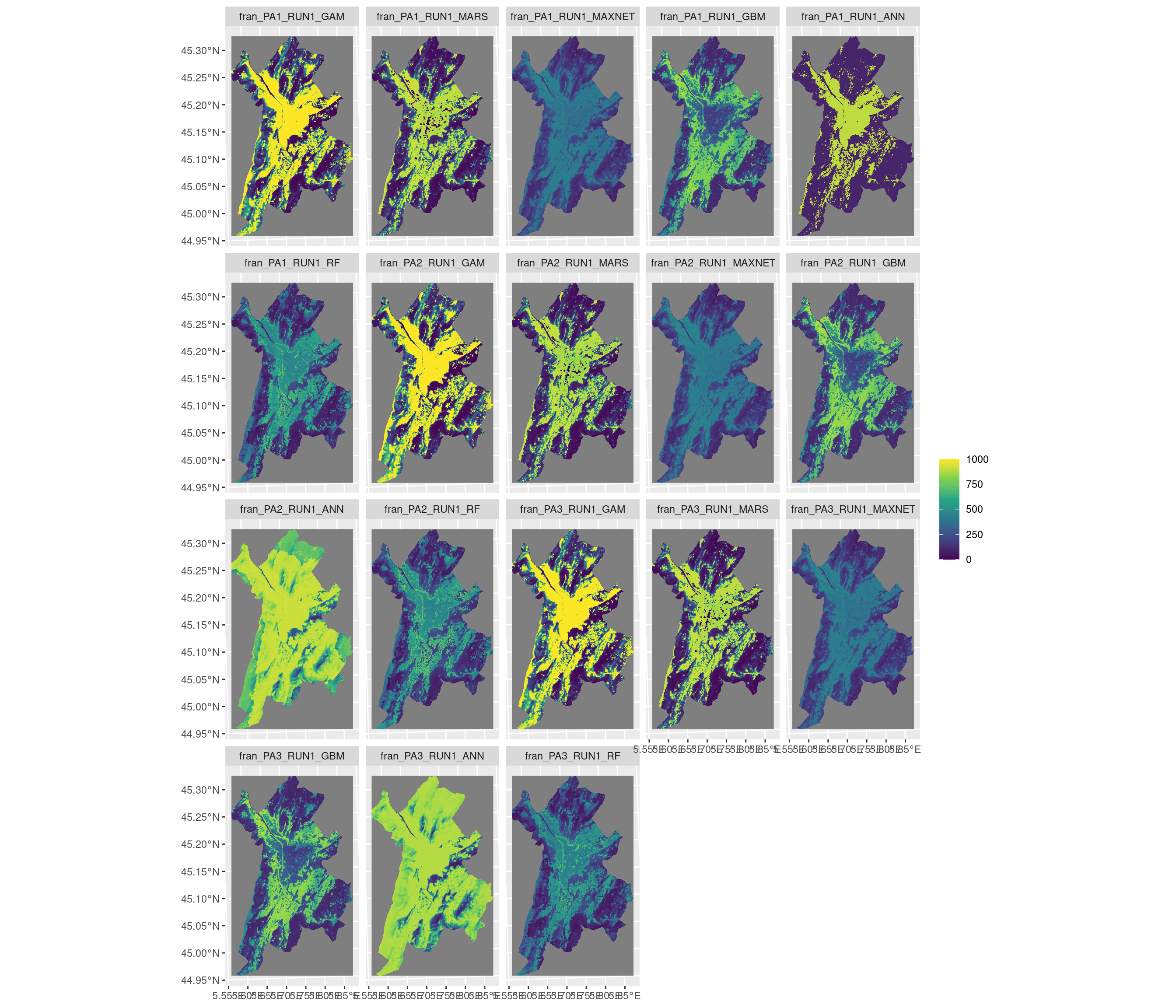Projection de la distribution potentielle contemporaine sur la métropole de Grenoble, selon les 6 algorithmes et les 3 runs.