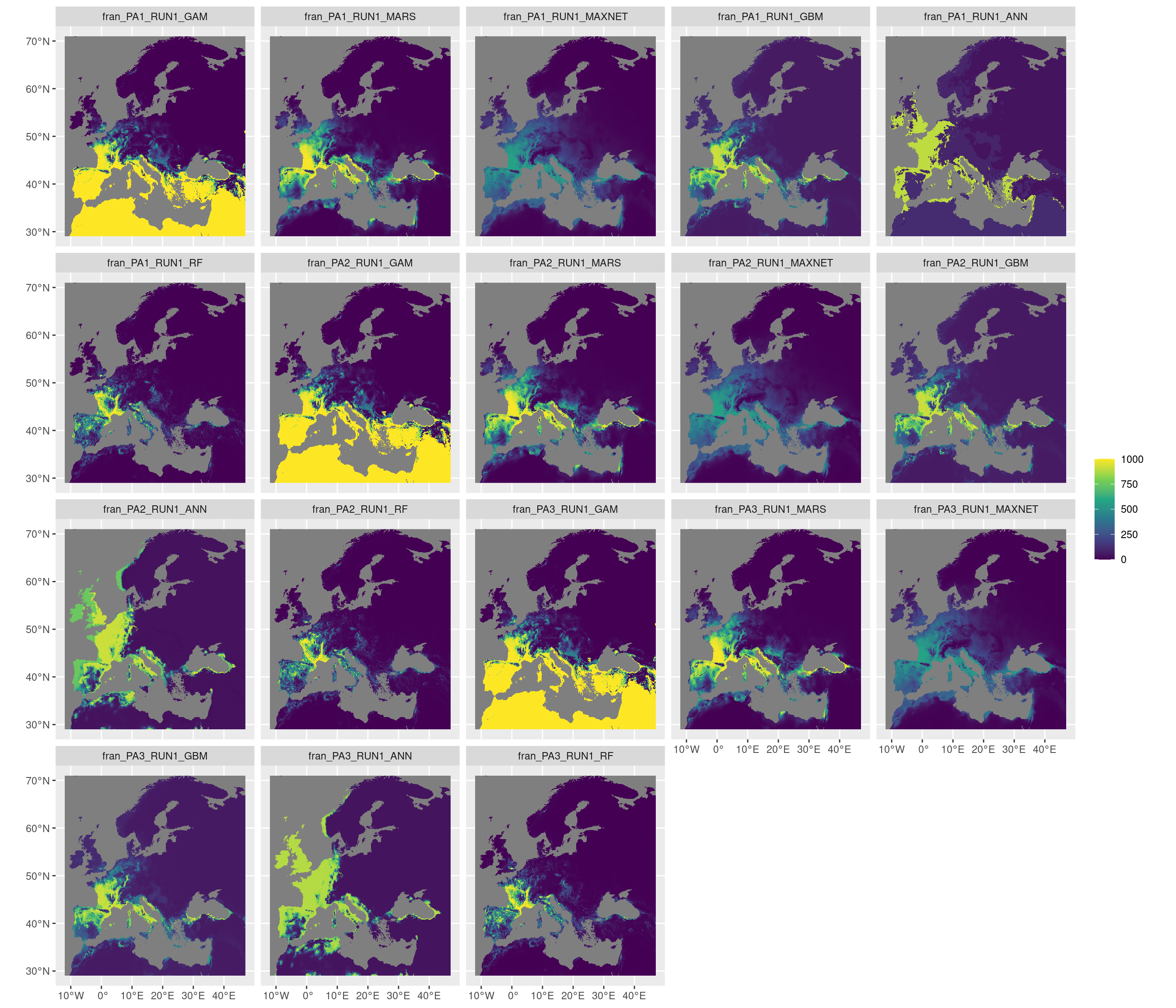 Projection de la distribution potentielle contemporaine sur l'Europe, selon les 6 algorithmes et les 3 runs.