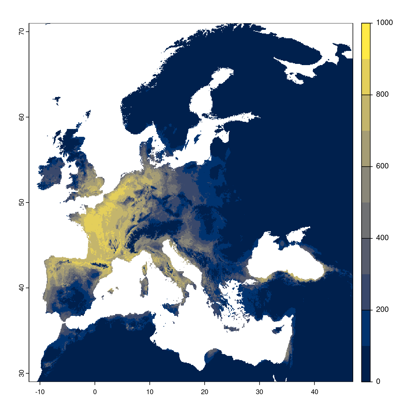 Projection des distributions potentielles futures jusqu'à l'horizon 2100 sous le scénario SSP1-2.6 (modèle d'ensemble).