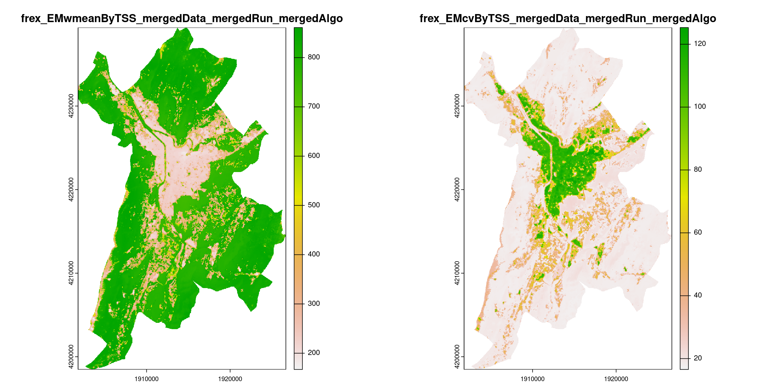 A) Projection de la distribution potentielle contemporaine (modèle d'ensemble) sur la métropole de Grenoble ; B) Incertitude associée à la projection.