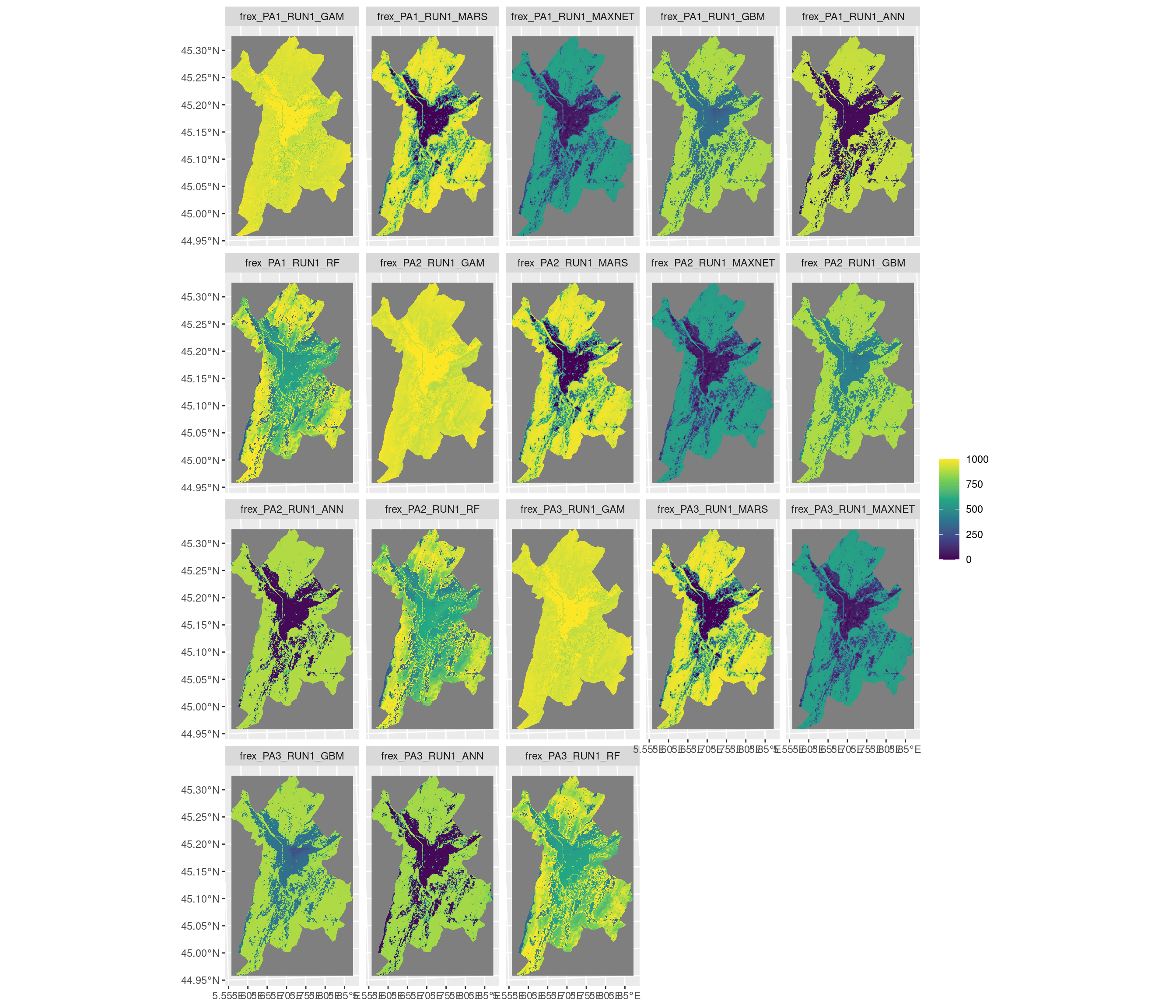 Projection de la distribution potentielle contemporaine sur la métropole de Grenoble, selon les 6 algorithmes et les 3 runs.