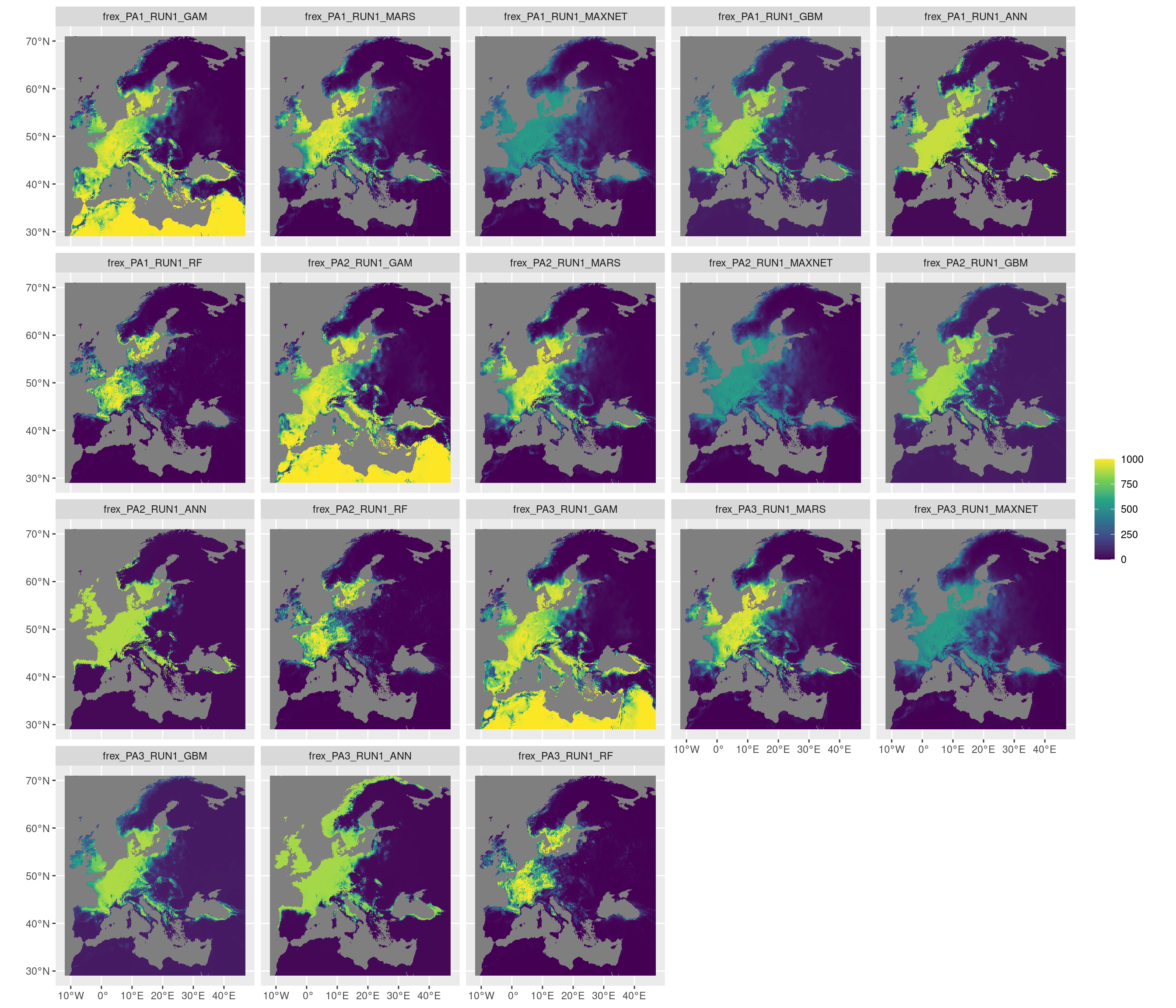 Projection de la distribution potentielle contemporaine sur l'Europe, selon les 6 algorithmes et les 3 runs.