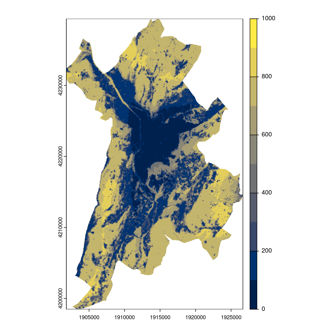 Projection des distributions potentielles contemporaine et futures jusqu'à l'horizon 2100 sous le scénario SSP5-8.5 (modèle d'ensemble, GCM IPSL).