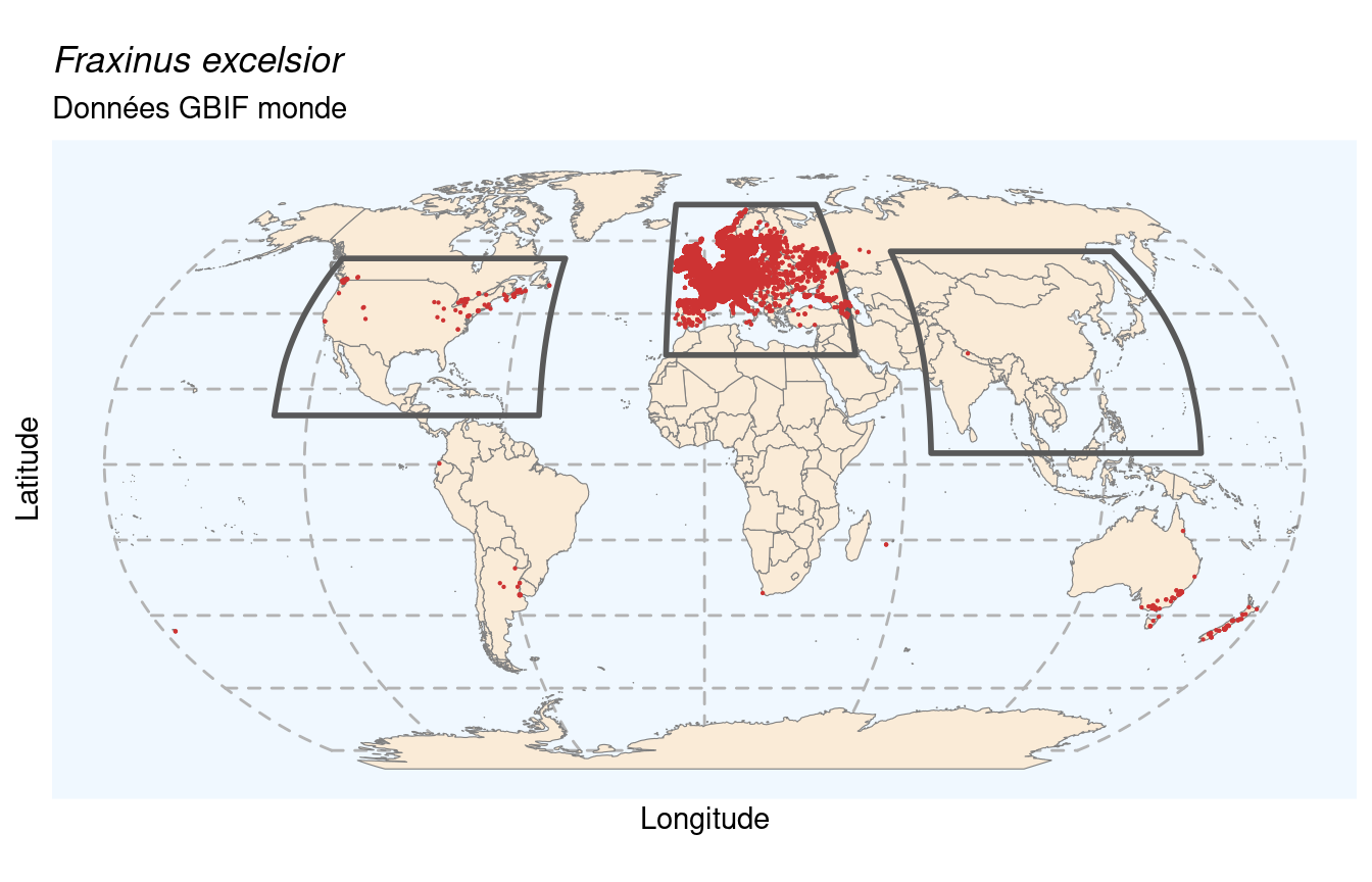 Occurrences de Fraxinus excelsior dans le monde.