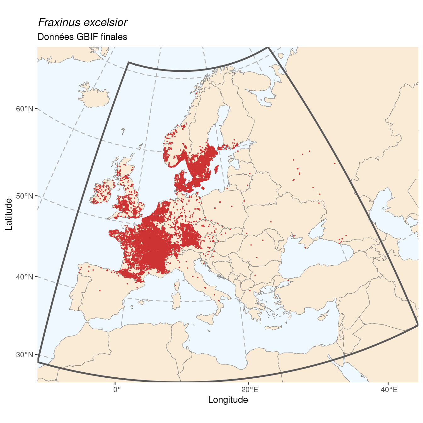 Occurrence de Fraxinus excelsior dans la région d'endémisme après sous-échantillonnage éventuel.