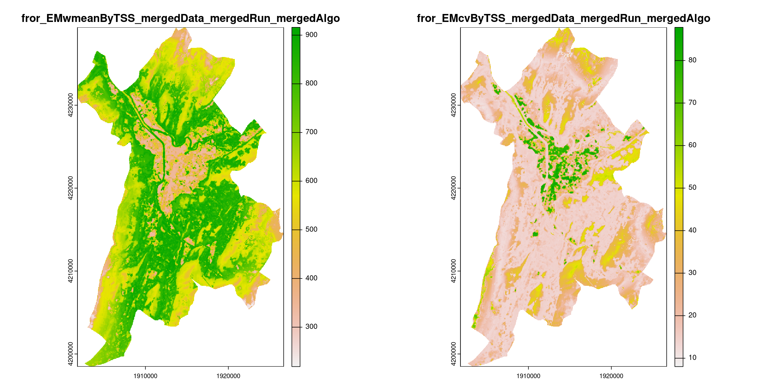 A) Projection de la distribution potentielle contemporaine (modèle d'ensemble) sur la métropole de Grenoble ; B) Incertitude associée à la projection.