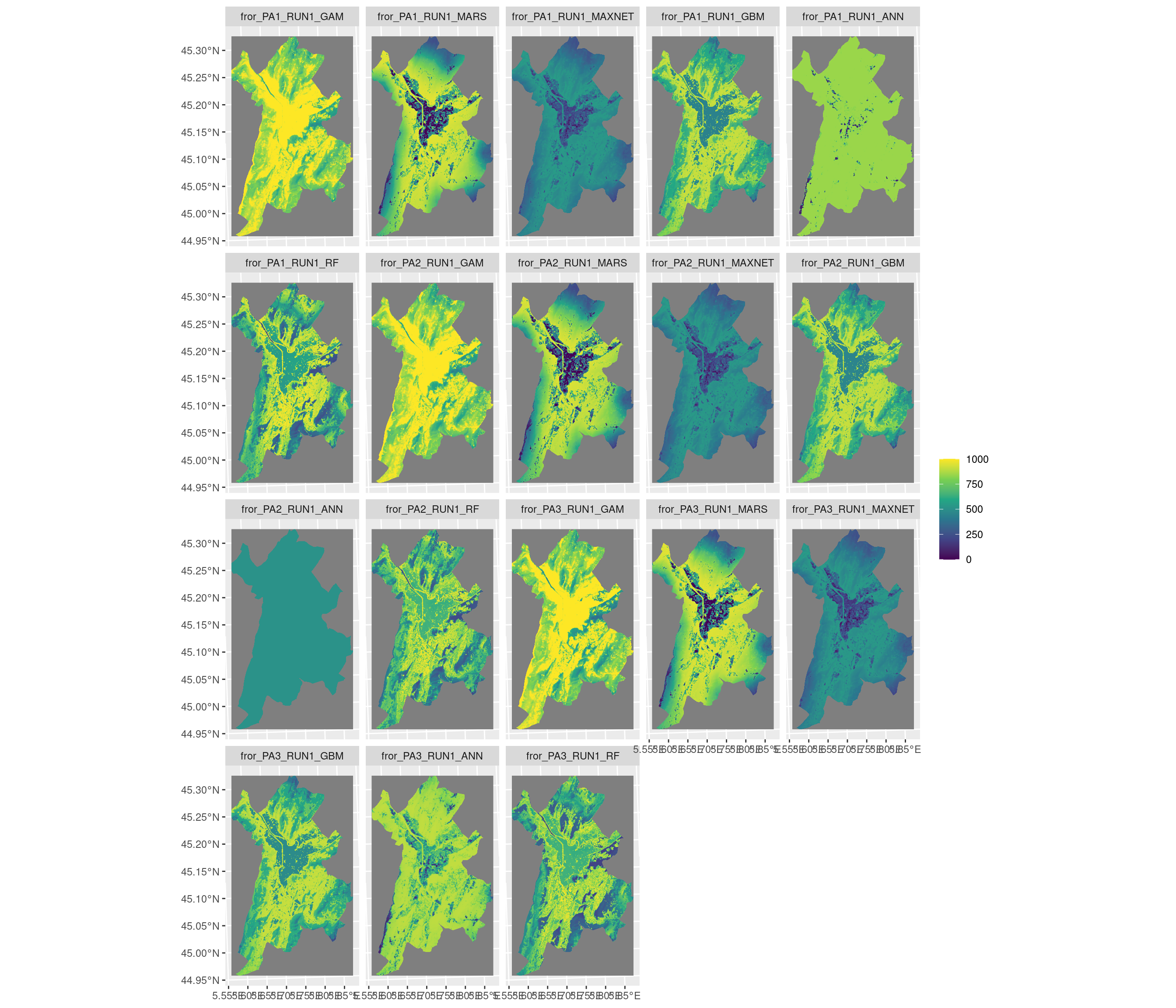 Projection de la distribution potentielle contemporaine sur la métropole de Grenoble, selon les 6 algorithmes et les 3 runs.