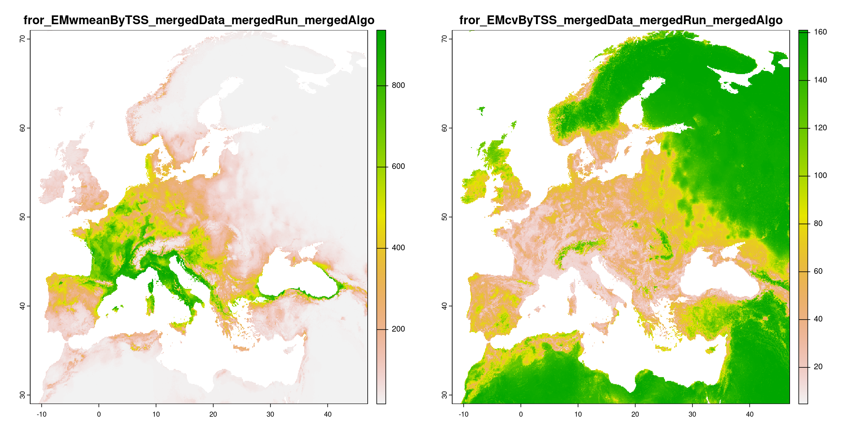 A) Projection de la distribution potentielle contemporaine (modèle d'ensemble) ; B) Incertitude associée à la projection.